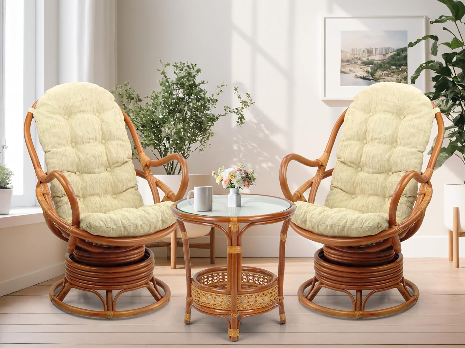 Java Lounge Swivel Rocking Chair with Cream Cushion Natural Rattan Wicker Handmade, Colonial Color