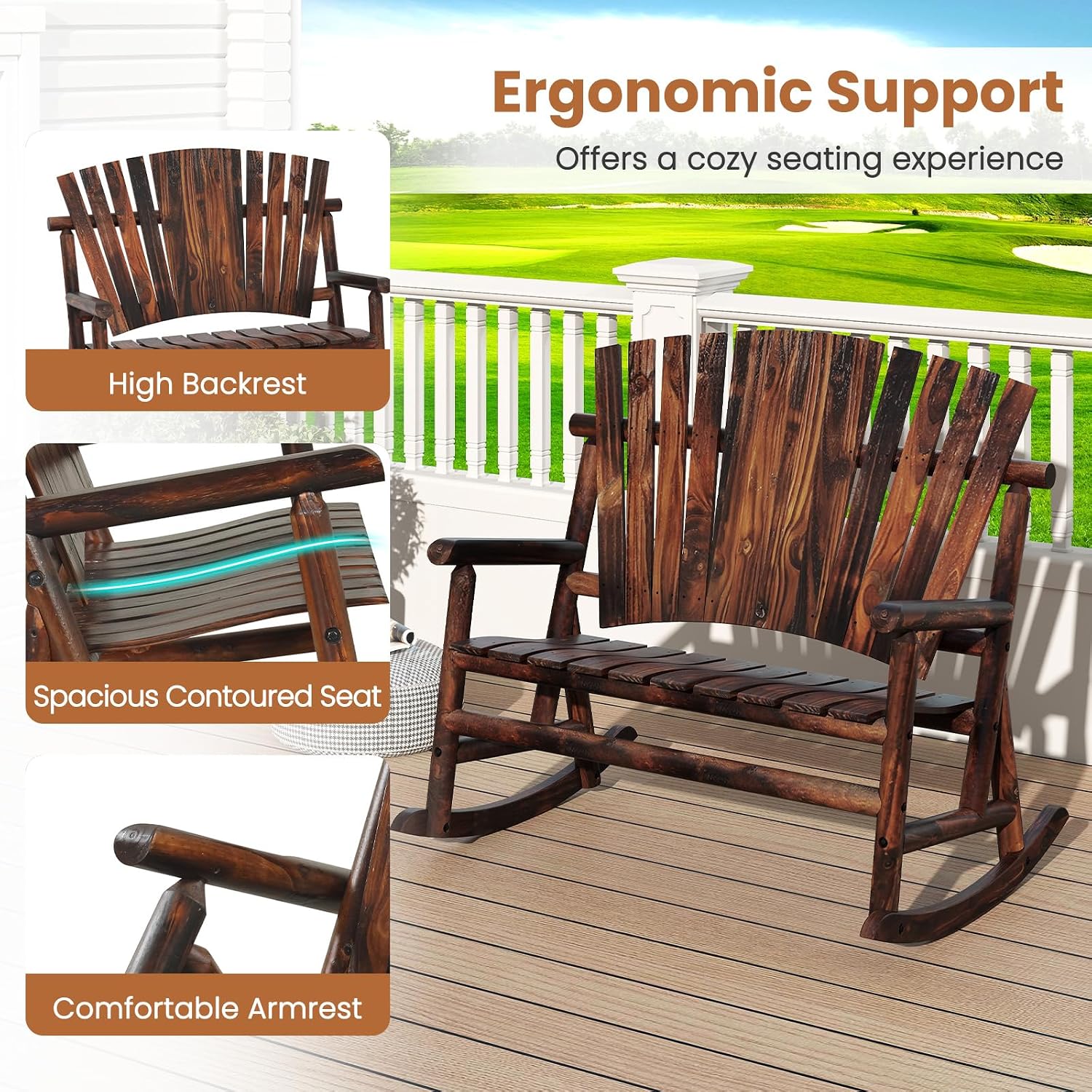 Giantex Outdoor Wooden Rocking Bench, 2-Person Adirondack Porch Rocker Chair with High Back and Slatted Seat, Rustic Log Loveseat for Front Porch Patio, Backyard, Garden, Brown, 51'x38'x46'