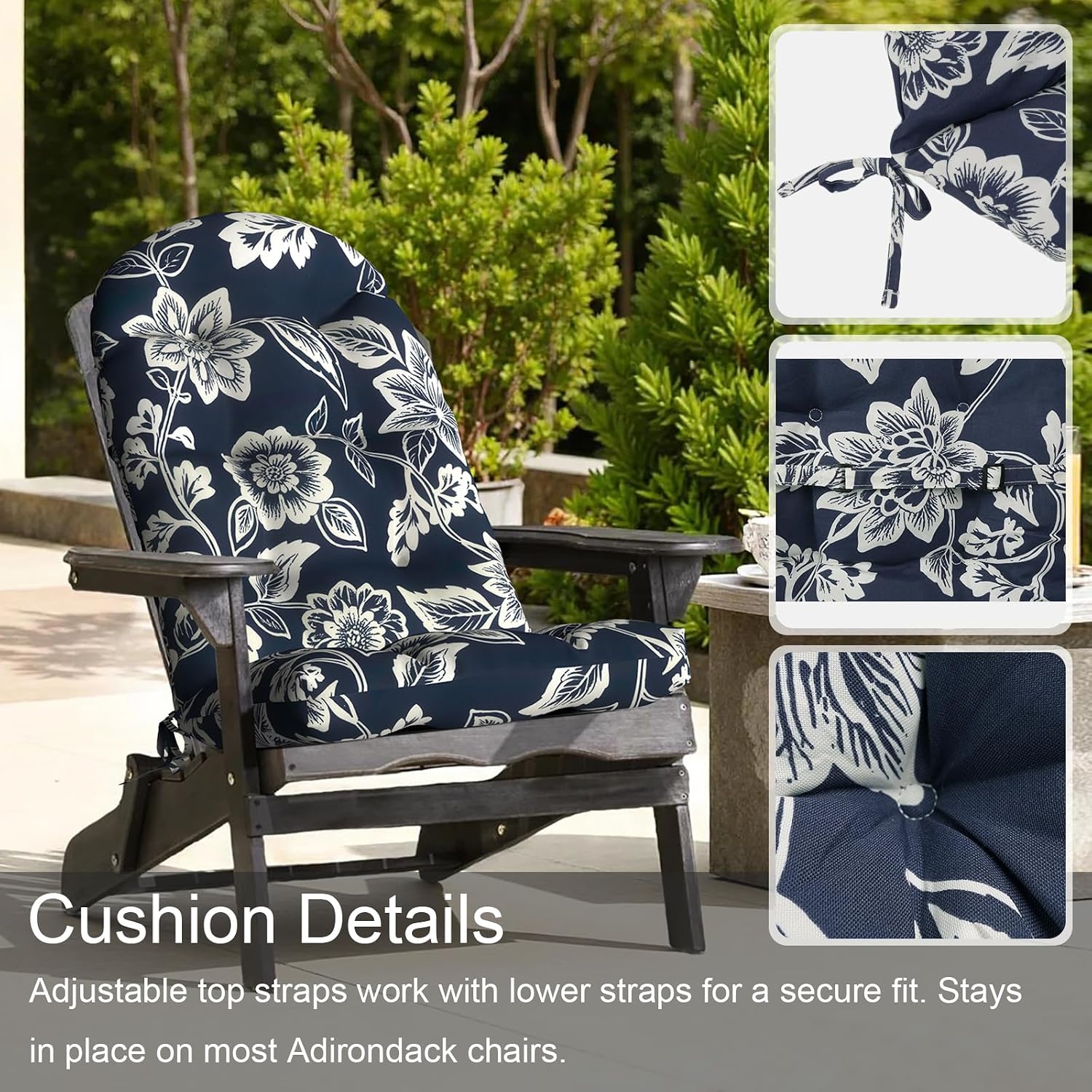 LVTXIII 2 Pack Outdoor Adirondack Chair Cushions, 44x19x4 Inch Water Repellent Patio Cushions for Rocking Chairs, Thick Tufted High Back Seat Cushion Set, Elegant Vines Navy