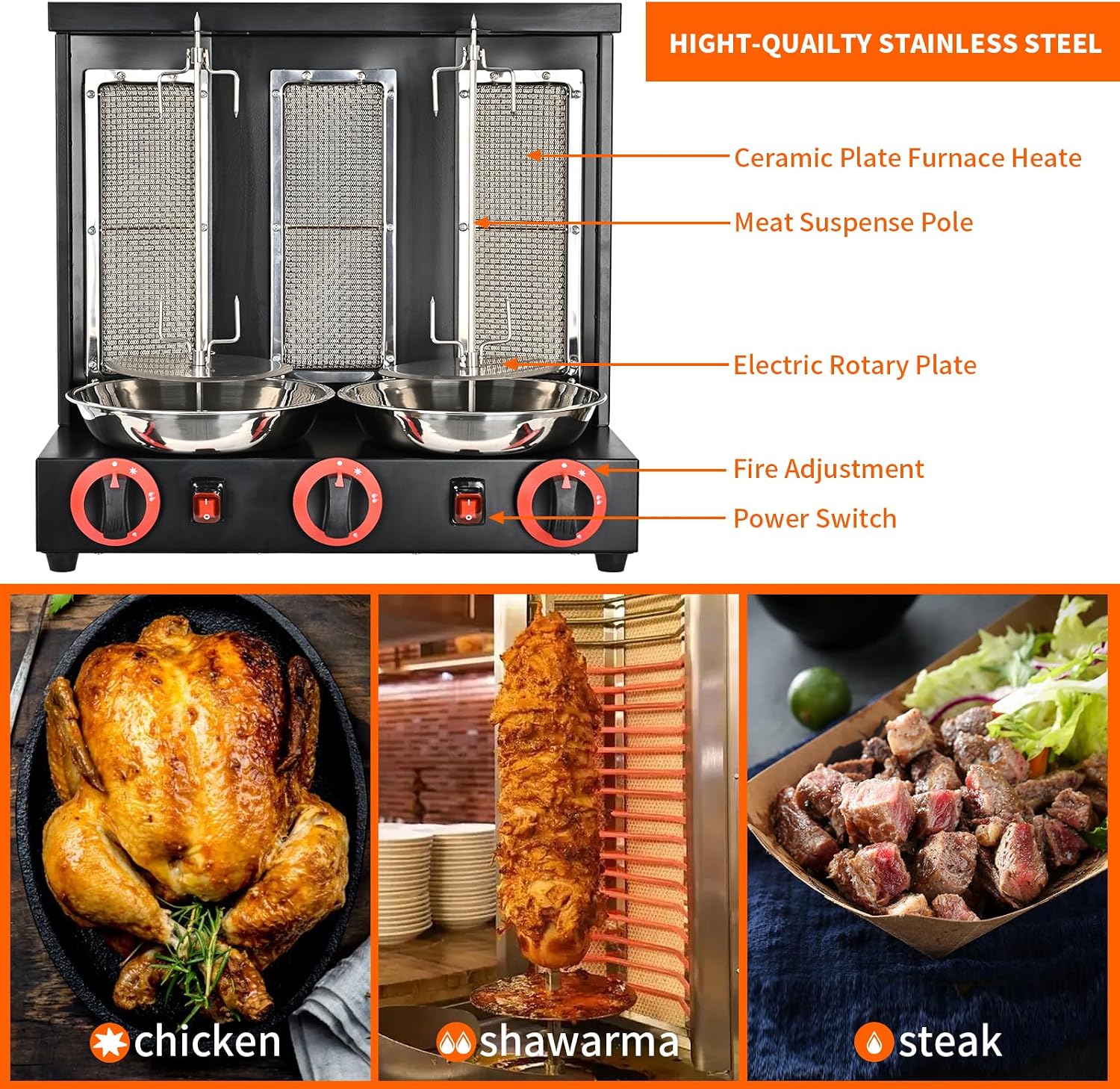 Vertical Doner Kebab Grill Machine,360 Degrees Rotating Rotisserie Oven,Gas Grill, for Commercial and Home Kitchen (Silver)