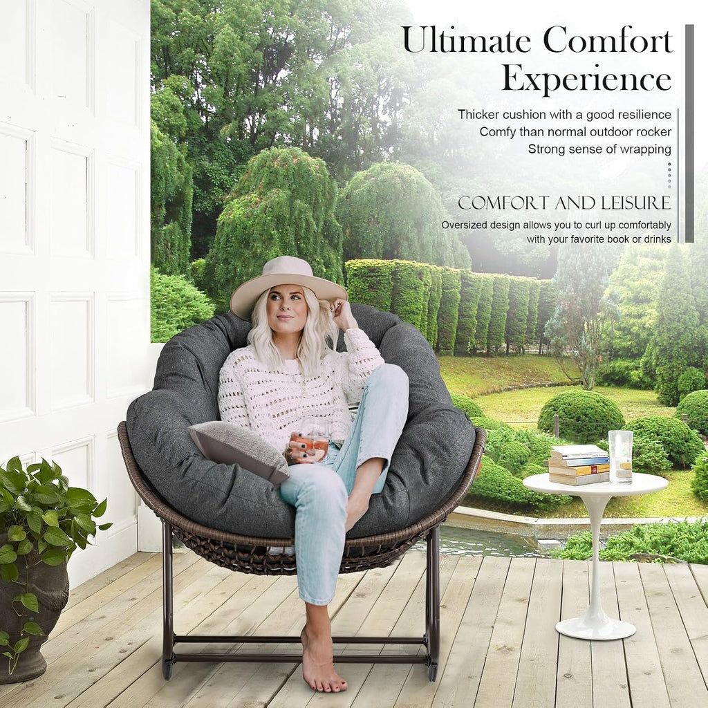 Outdoor Rocking Chair, Patio Oversized Wicker Egg Rocking Chair, Indoor & Outdoor Comfy Rocker Chair with Thick Cushion, Modern Lounge Chair for Balcony, Front Porch, Garden, Backyard, Deck, Grey