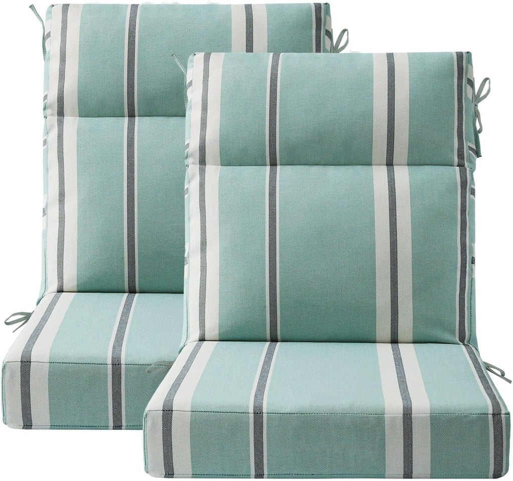Unimatta Outdoor Separate High Back Chair Cushion Seat Pads, 2-Pack 44 x 21 Inch Water-Repellent & Fade-Resistant Patio Furniture Cushions with Ties for Adirondack, Rocking Chairs, Aqua Stripe