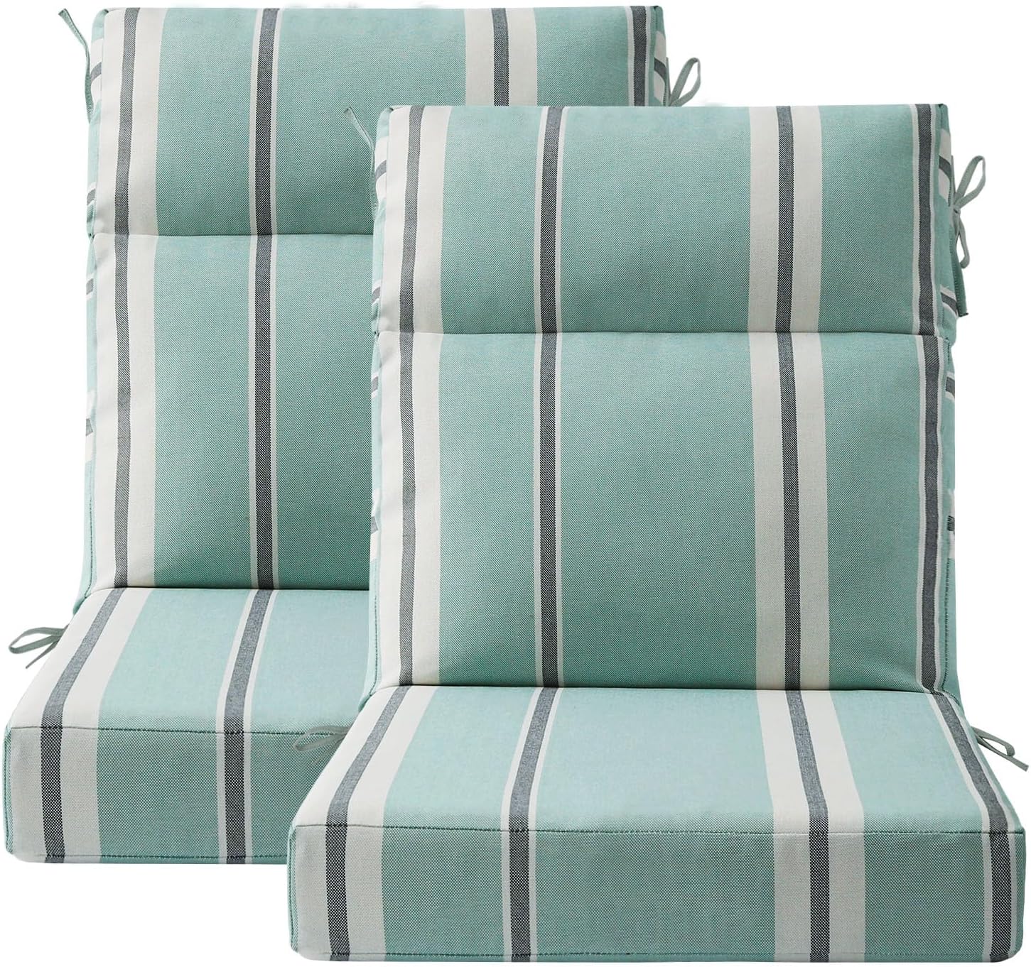 Unimatta Outdoor Separate High Back Chair Cushion Seat Pads, 2-Pack 44 x 21 Inch Water-Repellent & Fade-Resistant Patio Furniture Cushions with Ties for Adirondack, Rocking Chairs, Aqua Stripe