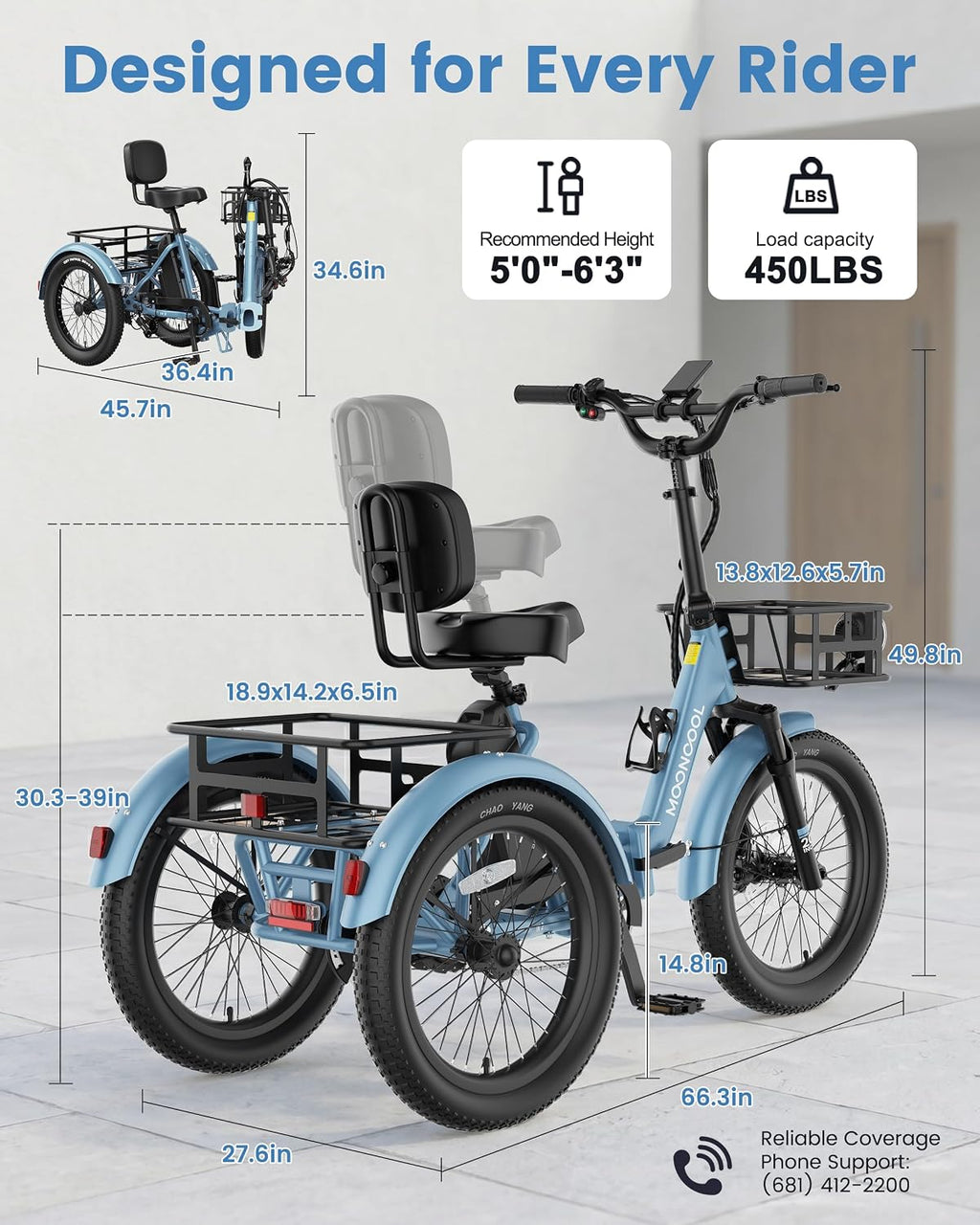 MOONCOOL Electric Trike for Adults, 500W/750W 48V Electric Tricycle for Adults, 20'x3.0' Fat Tire 3 Wheel Electric Bike, Folding Aluminum Adult Tricycle with Removable Battery