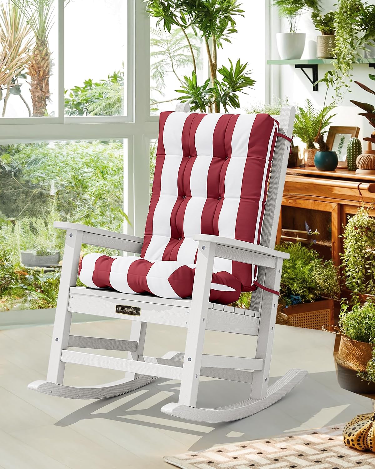 SERWALL HDPE Outdoor Rocking Chair Cushion Set of 4, Memory Foam Cushion Red White