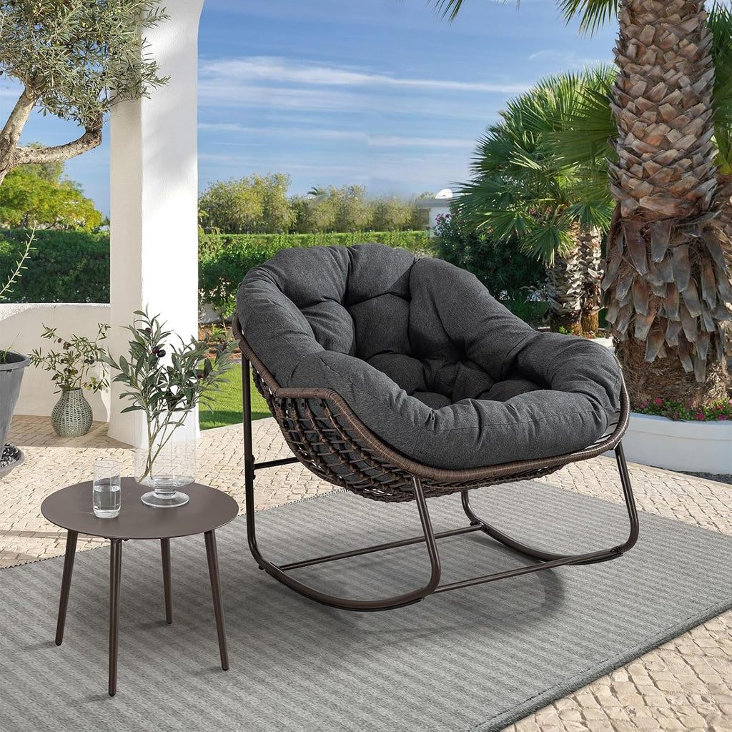 Outdoor Rocking Chair, Patio Oversized Wicker Egg Rocking Chair, Indoor & Outdoor Comfy Rocker Chair with Thick Cushion, Modern Lounge Chair for Balcony, Front Porch, Garden, Backyard, Deck, Grey