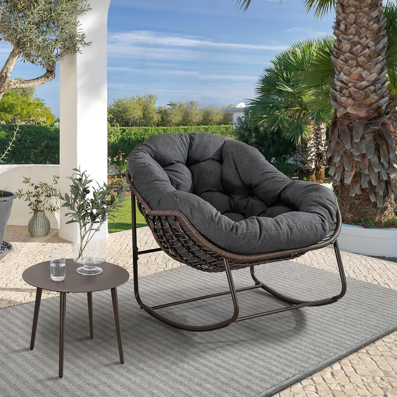 Outdoor Rocking Chair, Patio Oversized Wicker Egg Rocking Chair, Indoor & Outdoor Comfy Rocker Chair with Thick Cushion, Modern Lounge Chair for Balcony, Front Porch, Garden, Backyard, Deck, Grey