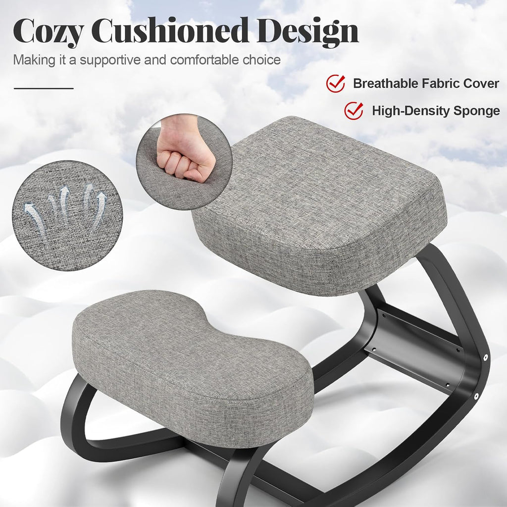 Giantex Ergonomic Kneeling Desk Chair, Upright Posture Chair with Cushion & Solid Wood Frame, Natural Relief for Neck or Back Pain, Wooden Knee Chair for Home Office (2)