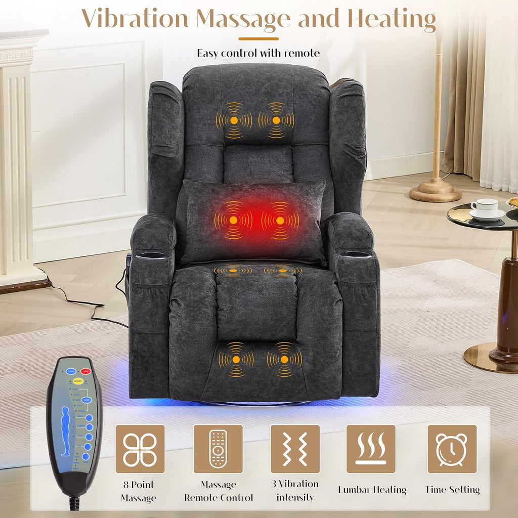 Power Swivel Rocker Recliner Chair with Massage & Heat, Dual Motor Electric Glider Rocking Recliner with USB Ports, Cup Holders & LED Light for Living Room, Home Theater (Grey)