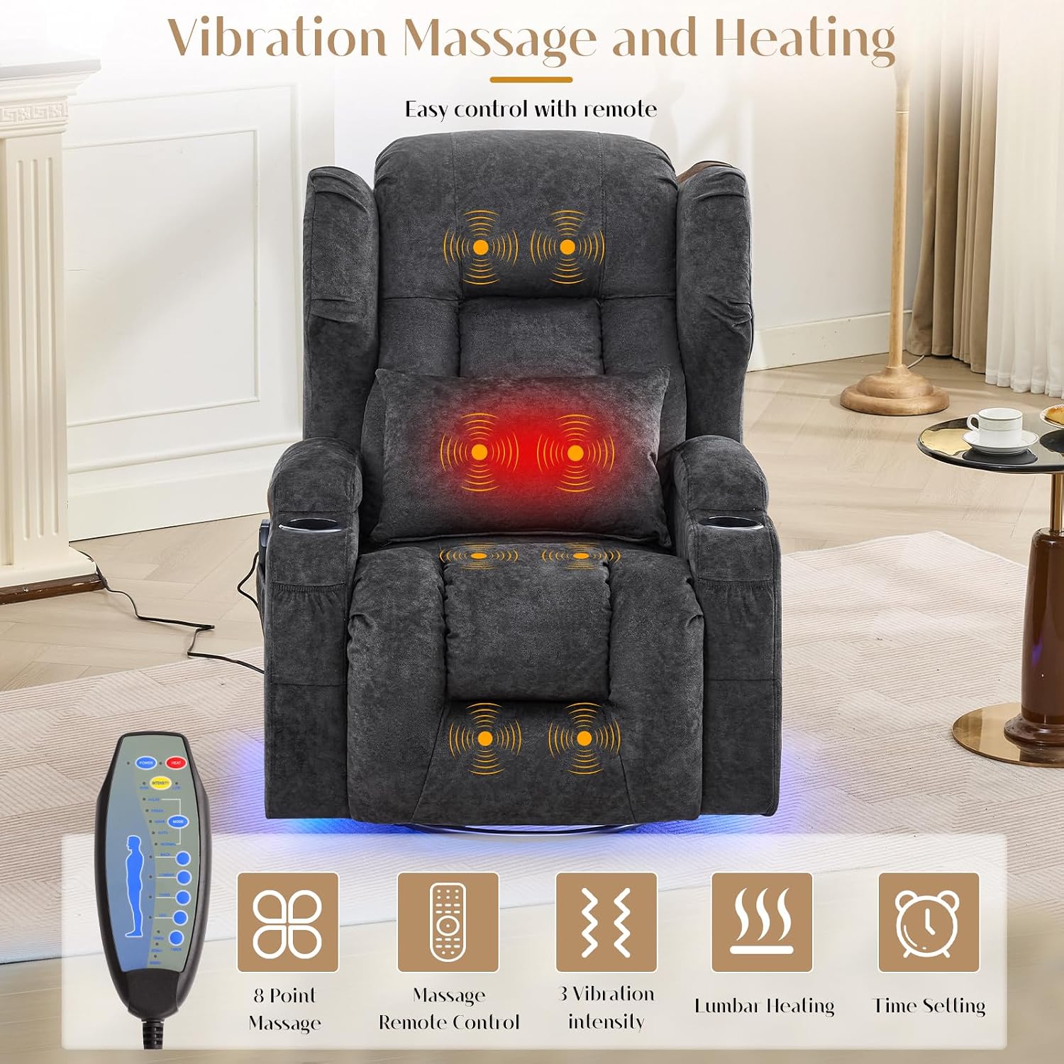 Power Swivel Rocker Recliner Chair with Massage & Heat, Dual Motor Electric Glider Rocking Recliner with USB Ports, Cup Holders & LED Light for Living Room, Home Theater (Grey)