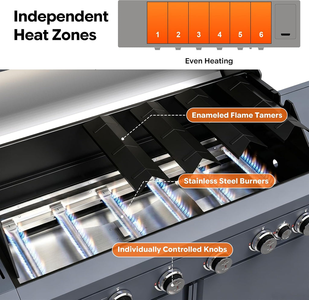 Brand-Man 6-Burner Gas Outdoor Kitchen Grill Island with Side Burner - 72,000 BTU Stainless Steel BBQ Grill Station with Storage Cabinets, Fold-out Prep Table, LPG/NG Convertible, Gray