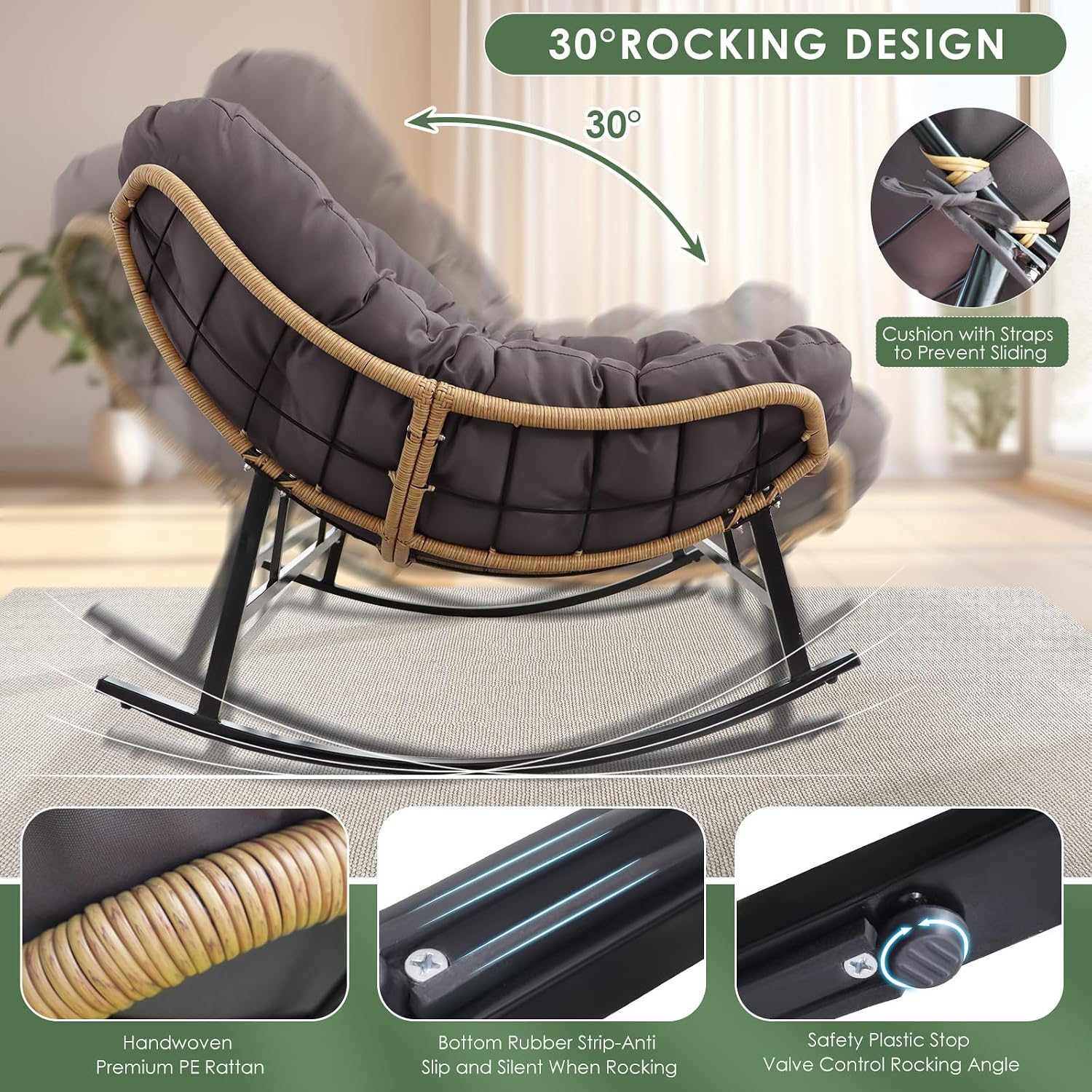 RADIATA Double Rocking Chair Outdoor, Oversized 2 Person Lounge Chair with Thick Cushion, All-Weather PE Rattan Frame, Heavy Duty Large Reclining Loveseat for Patio, Backyard, Bedroom