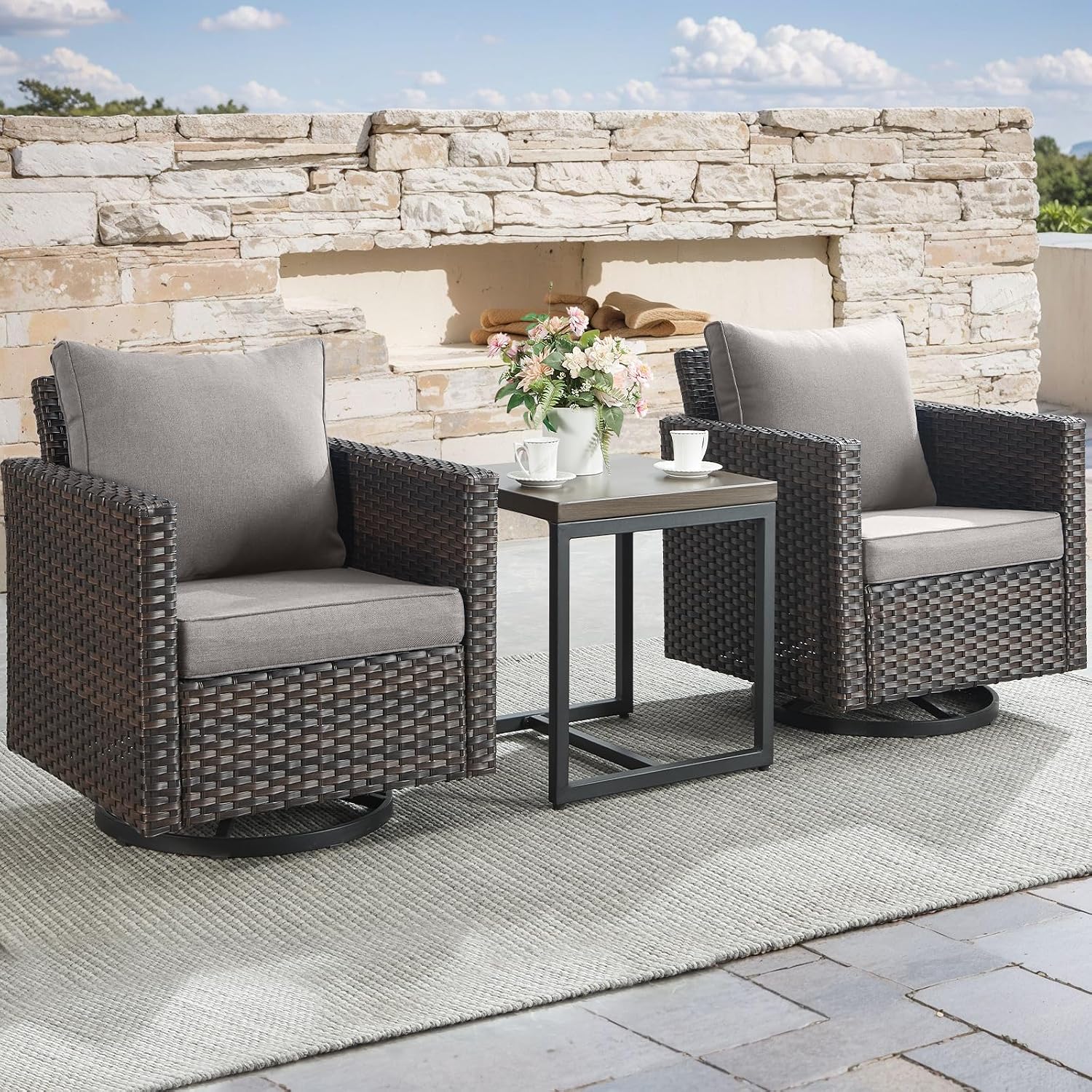 Luxury Outdoor Patio Swivel Rocker Chairs - 3 Piece Wicker Patio Furniture Bistro Swivel Rocking Chairs Set with Comfortable Cushions,Sturdy Metal Frame and Side Table for Porch Deck(Brown/Grey)