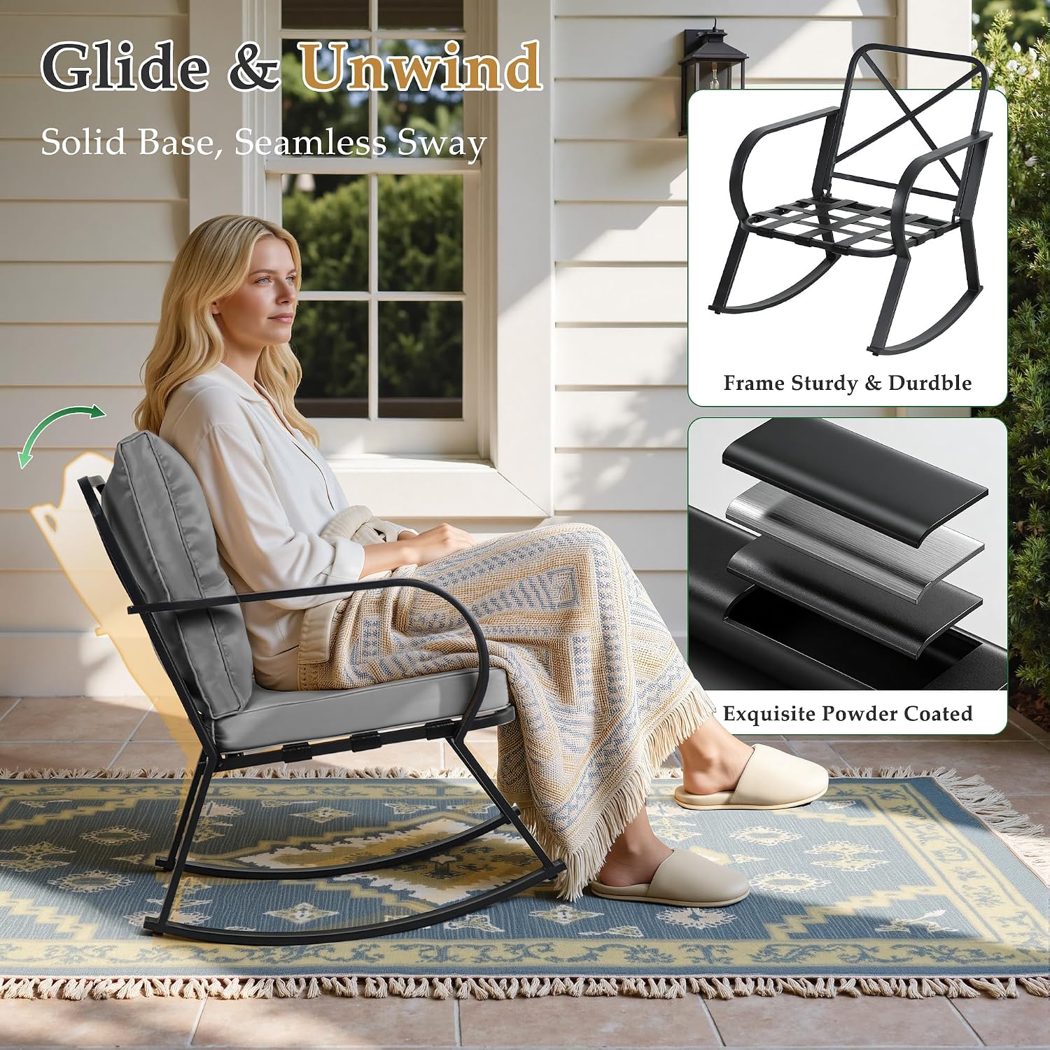 Oakcloud Oakmont Outdoor Furniture 3 Piece Conversation Bistro Set Rocking Chairs and Glass Top Table, Thick Cushions, Black Steel (Grey)