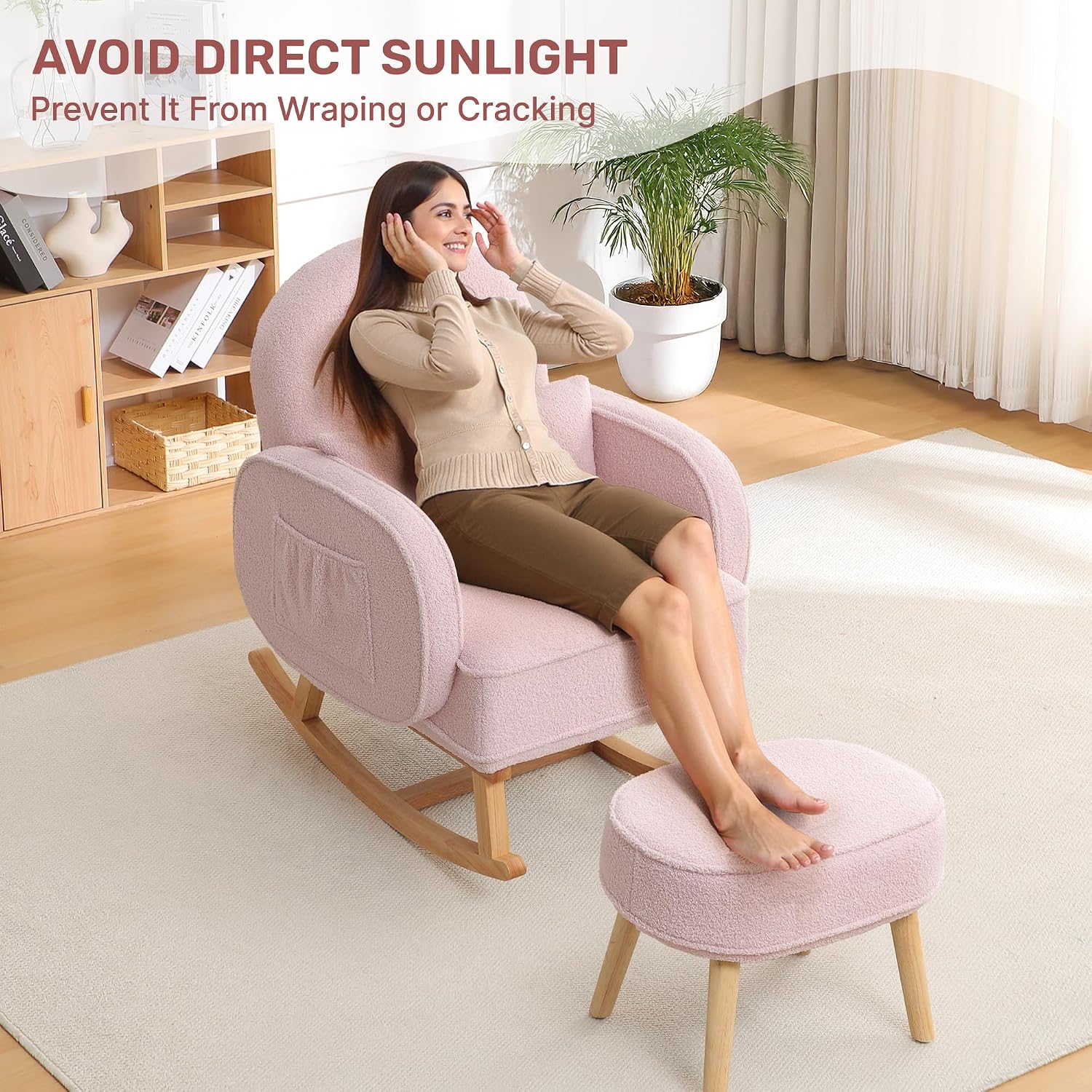 HCHAIRH Rocking Chair Nursery with Ottoman, Upholstered Glider Rocker with High Backrest and Side Pocket, Rocking Accent Armchair with Solid Wood Legs for Nursery/Living Room/Bedroom Pink