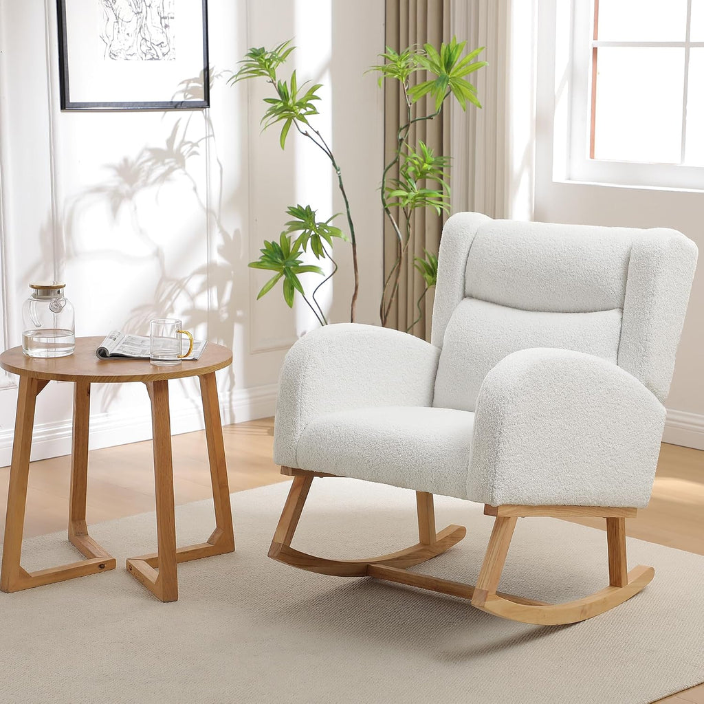 HCHAIRH Nursery Rocking Chair,Wingback Nursery Rocking Chairs,Nursing Glider Rocker Chair with High Back for Living Room Bedroom(Teddy White)