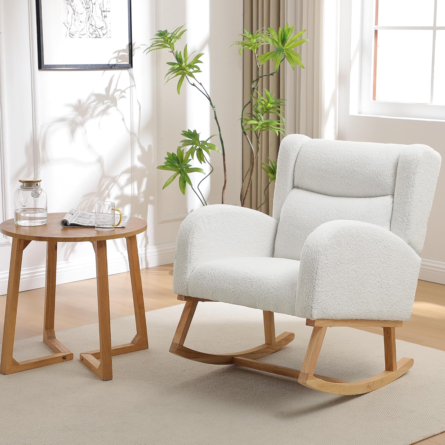 HCHAIRH Nursery Rocking Chair,Wingback Nursery Rocking Chairs,Nursing Glider Rocker Chair with High Back for Living Room Bedroom(Teddy White)