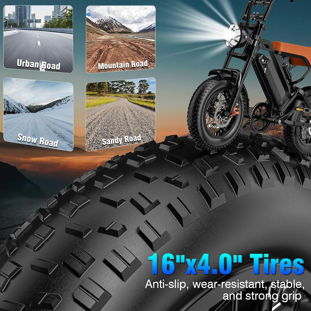 Electric Bike for Adults, 1200W Peak Power Ebike, 28MPH, 48V 18Ah Removable Battery, 35-Mile Range, 500LBS Load, 16'' Fat Tire Electric Dirt Bikes, Electric Mountain Bicycles for All-Terrain