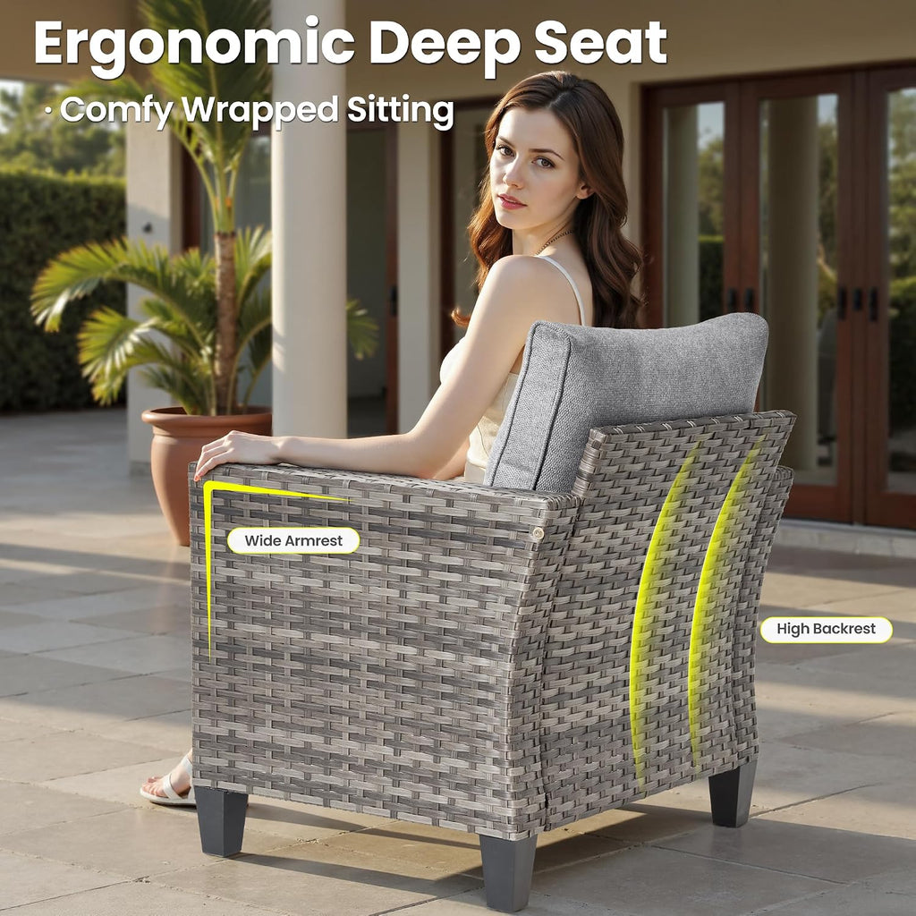 ovios 3 Pieces Patio Chair Set with Side Table, Outdoor Wicker Chairs of 2 with Comfy Cushions, High Back Rattan Armchairs Bistro Set for Porch Deck Garden, Dark Grey