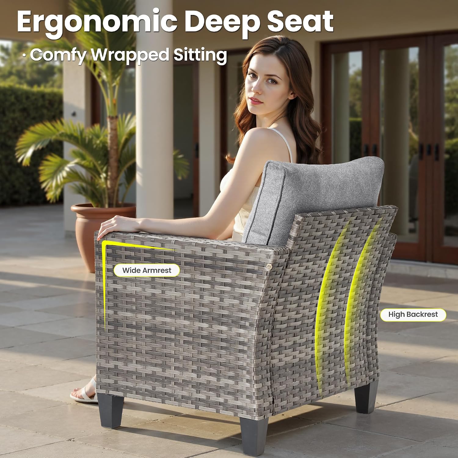 ovios 3 Pieces Patio Chair Set with Side Table, Outdoor Wicker Chairs of 2 with Comfy Cushions, High Back Rattan Armchairs Bistro Set for Porch Deck Garden, Dark Grey
