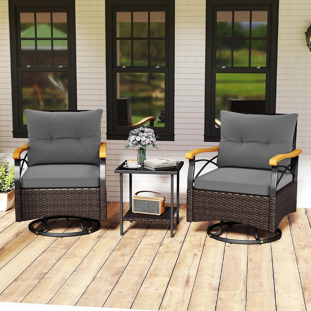 Tangkula 3 Piece Outdoor Swivel Chair Set, Patio Wicker Rotating Cushioned Chairs with 2-Tier Tempered Glass Side Table, for Porch, Yard, Balcony, Garden