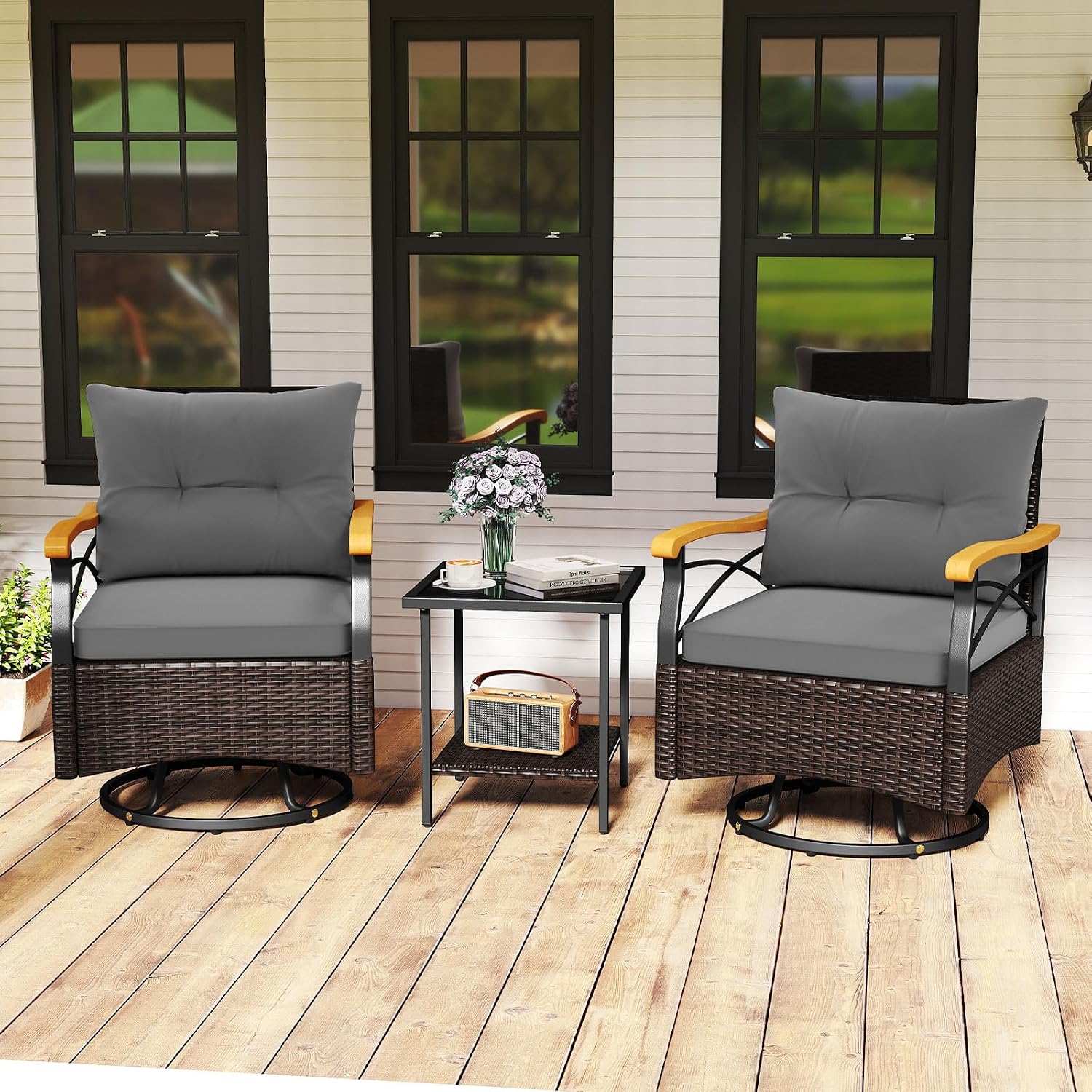 Tangkula 3 Piece Outdoor Swivel Chair Set, Patio Wicker Rotating Cushioned Chairs with 2-Tier Tempered Glass Side Table, for Porch, Yard, Balcony, Garden