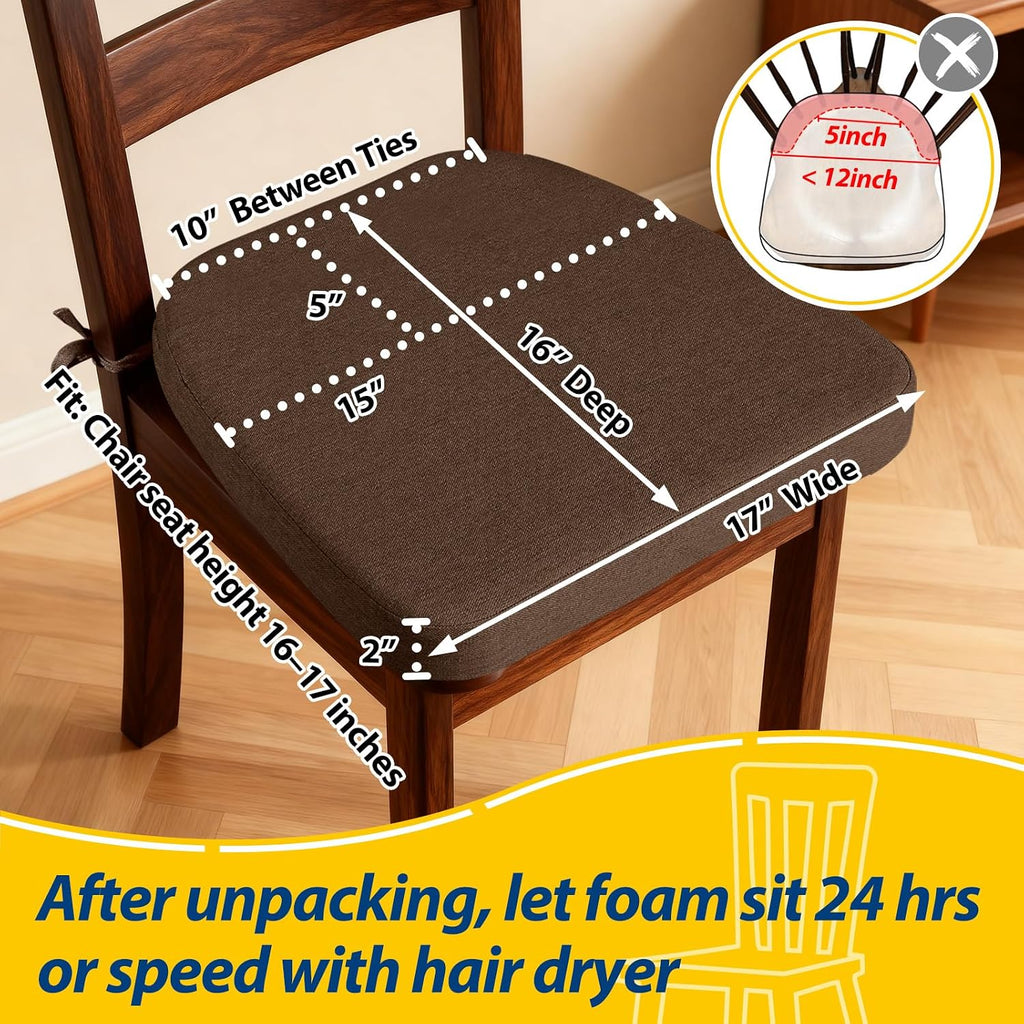 AAAAAcessories D-Shaped Chair Cushions, 2' Thick Dining Chair Pads with Ties and Removable, Machine-Washable Cover, 17' x 16', Set of 8, Brown