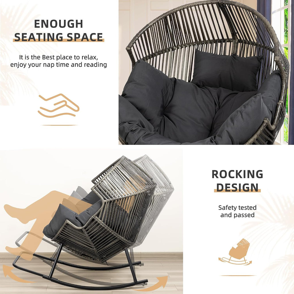 Vongrasig Wicker Egg Chair PE Rattan Rocking Chair with Cushion, Oversized Patio Lounge Rocker Chair for Outdoor, Indoor, Balcony, Backyard, Garden, Black/Rattan
