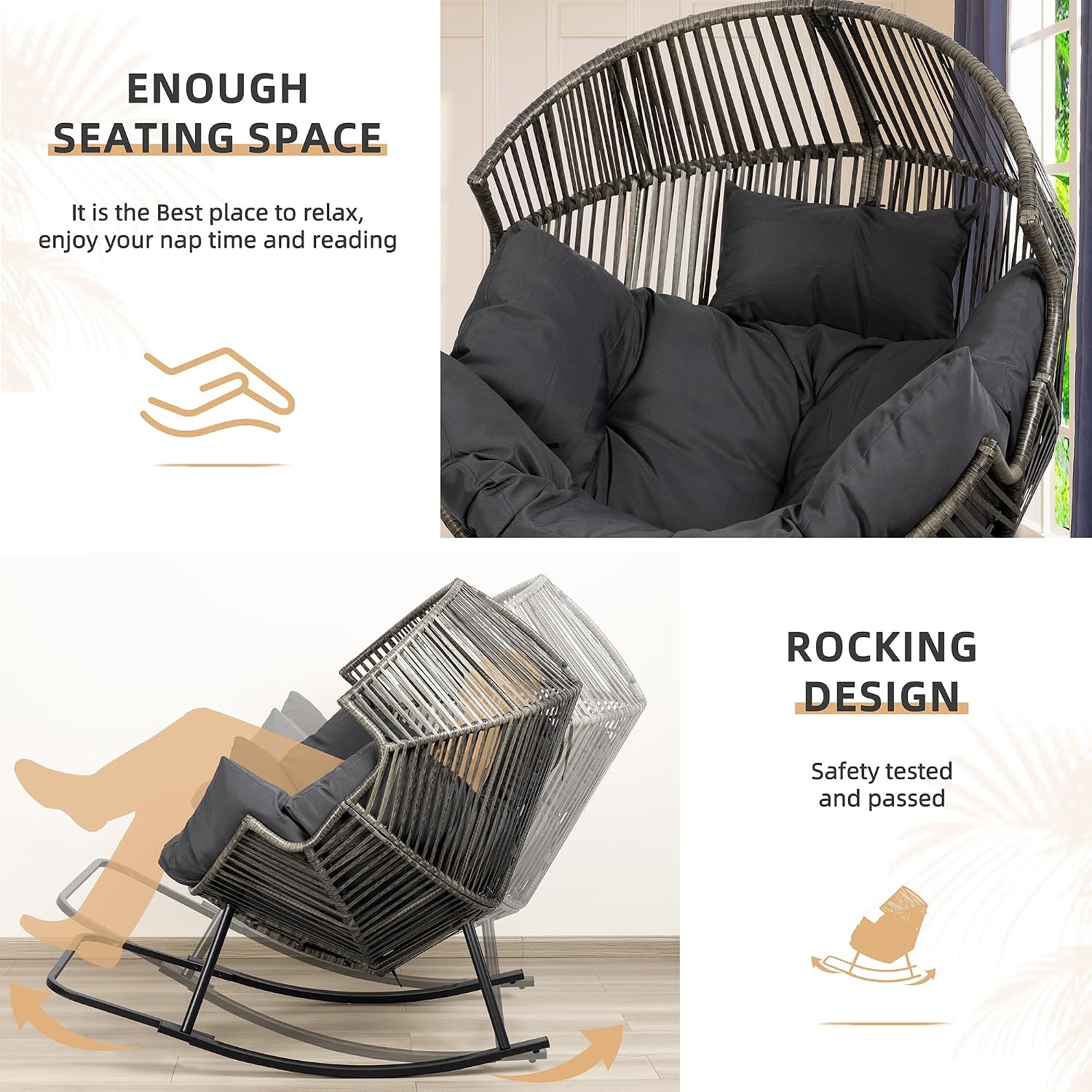 Vongrasig Wicker Egg Chair PE Rattan Rocking Chair with Cushion, Oversized Patio Lounge Rocker Chair for Outdoor, Indoor, Balcony, Backyard, Garden, Black/Rattan