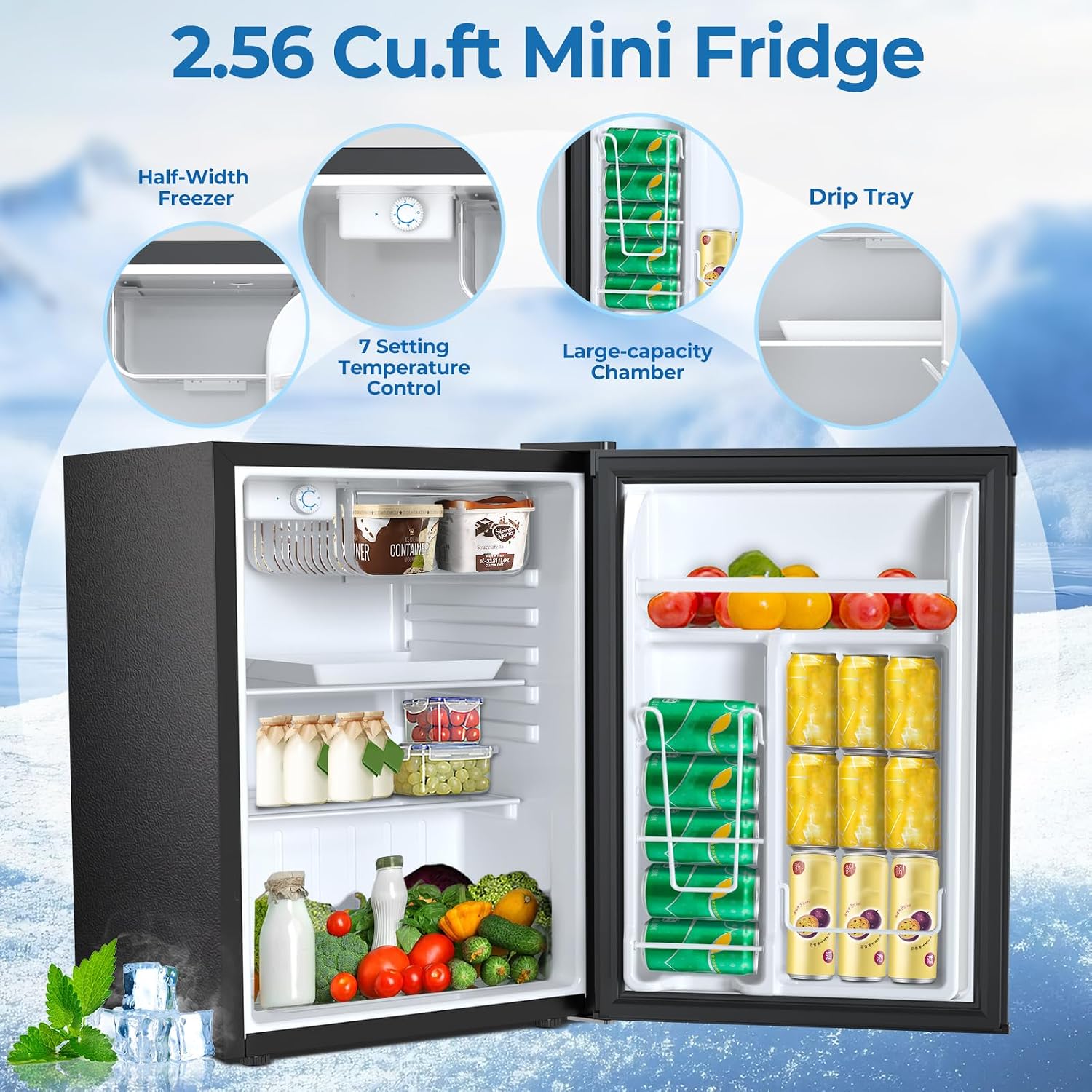 Electactic 2.56 Cu.ft Compact Refrigerator with Reversible Single Door, BLACK