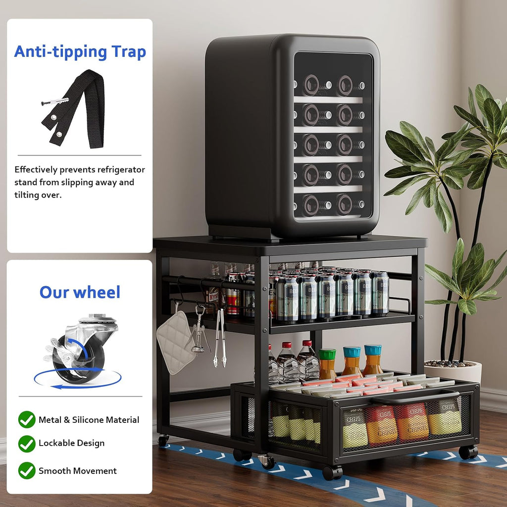 DDJ Mini Fridge Stand with Storage, 21 x 21 in Heavy Duty Mini Fridge Table with Pull-out Shelf and Lockable Wheels, Compact Refrigerator Stand with Drawer Basket for Home Office, Black
