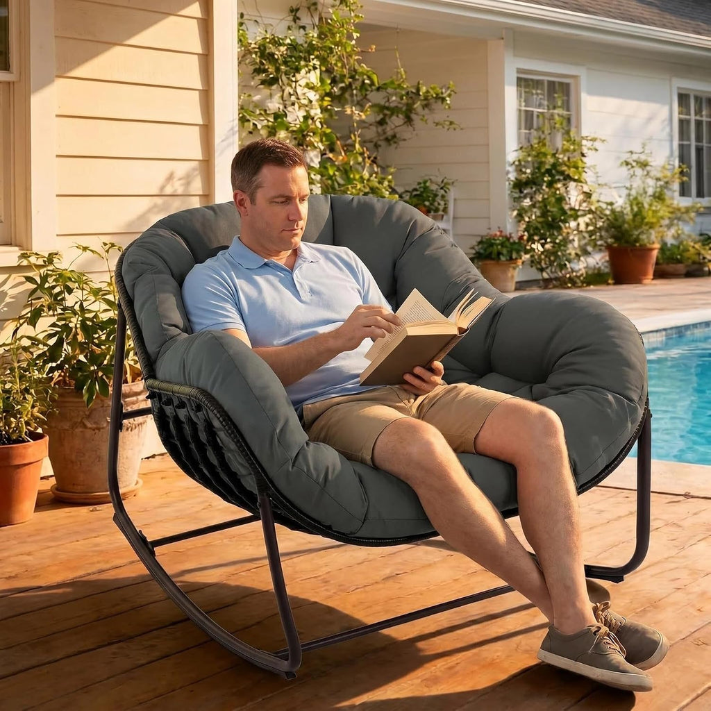Papasan Rocking Chair Outdoor, Oversized Patio Rocking Chair with Cushions & Steel Frame, Wicker Egg Lounge Chair Indoor, Comfy Reading Chair for Patio, Deck, Porch (Grey, Style 1)