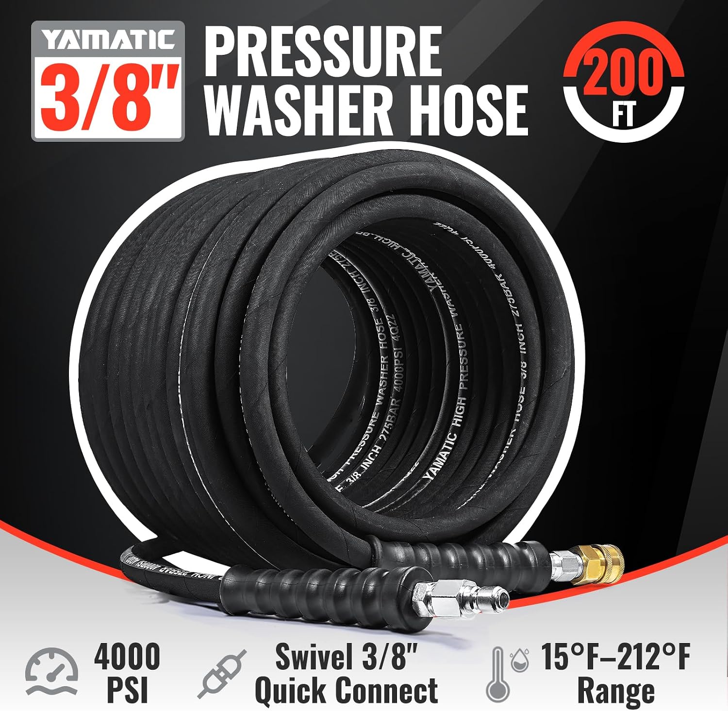 YAMATIC 3/8 Pressure Washer Hose 200 FT 3/8', 4000 PSI Hot Water Power Washer Hose, 360° Swivel 3/8' Quick Connect, Heavy Duty Rubber Hose for Simpson Honda DeWalt Generac Troy-Bilt