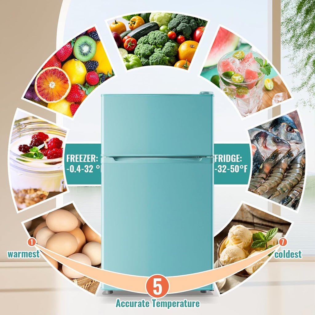 WANAI 3.5 Cu.Ft Mini Fridge with Freezer, Freestanding Refrigerator for Office, Dorm, Apartment, 7-Level Adjustable Thermostat, 2 Removable Shelves and Bakset, Small Fridge in Blue