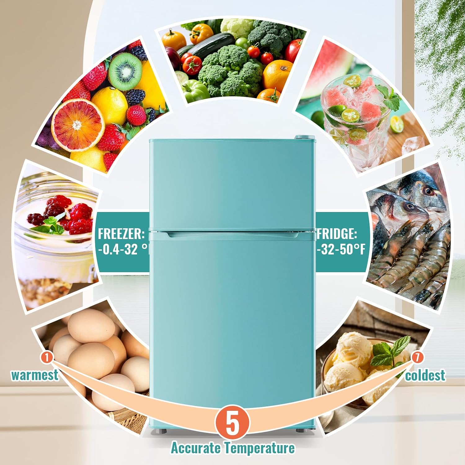 WANAI 3.5 Cu.Ft Mini Fridge with Freezer, Freestanding Refrigerator for Office, Dorm, Apartment, 7-Level Adjustable Thermostat, 2 Removable Shelves and Bakset, Small Fridge in Blue