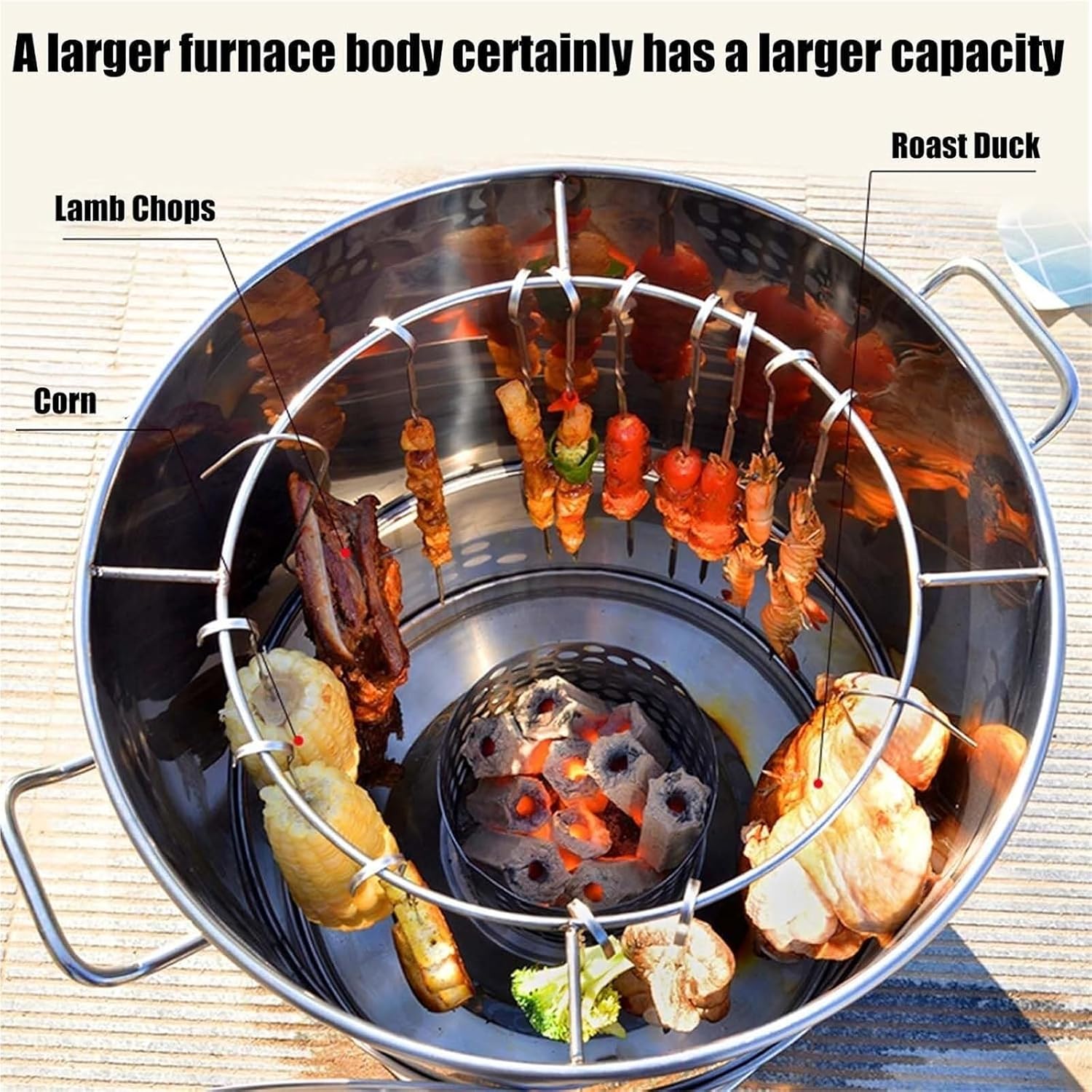 Portable Charcoal Barrel BBQ Grill 360°Rolling Grilling Basket Stainless Steel Hanging Stove for Outdoor Camping