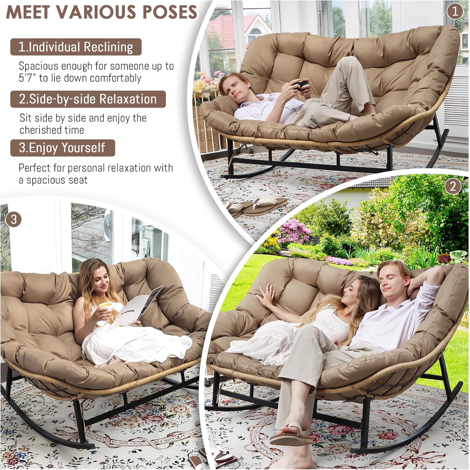 NICESOUL Double Large Papasan Chair Outdoor, Oversized 2 Person Egg Rocking Chair with Cushions, 700 lbs Heavy-Duty Wicker Loveseat Recliner Glider for Outdoor & Indoor Patio, Balcony & Garden, Brown