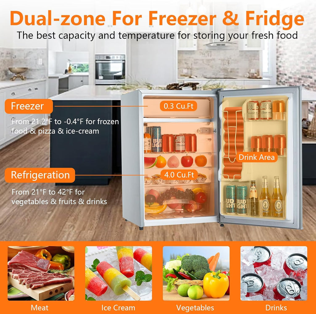 4.3 Cu.Ft Mini Fridge with Freezer – Compact Single Door Refrigerator w/Adjustable Thermostat | Energy-Efficient & Low Noise, Ideal for Bedroom, Office & Dorm