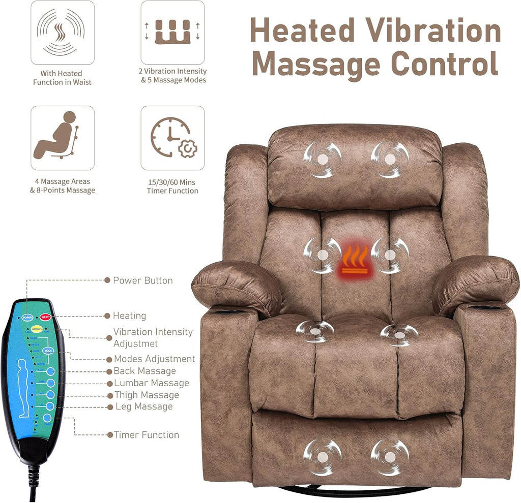 Swivel Rocker Recliner Chair with Heat and Massage, Manual Glider Rocking Reclining Chair, 360° Swivel Overstuffed Lounge Chair with 2 Cup Holders, Side Pockets & USB Ports, Fabric Brown