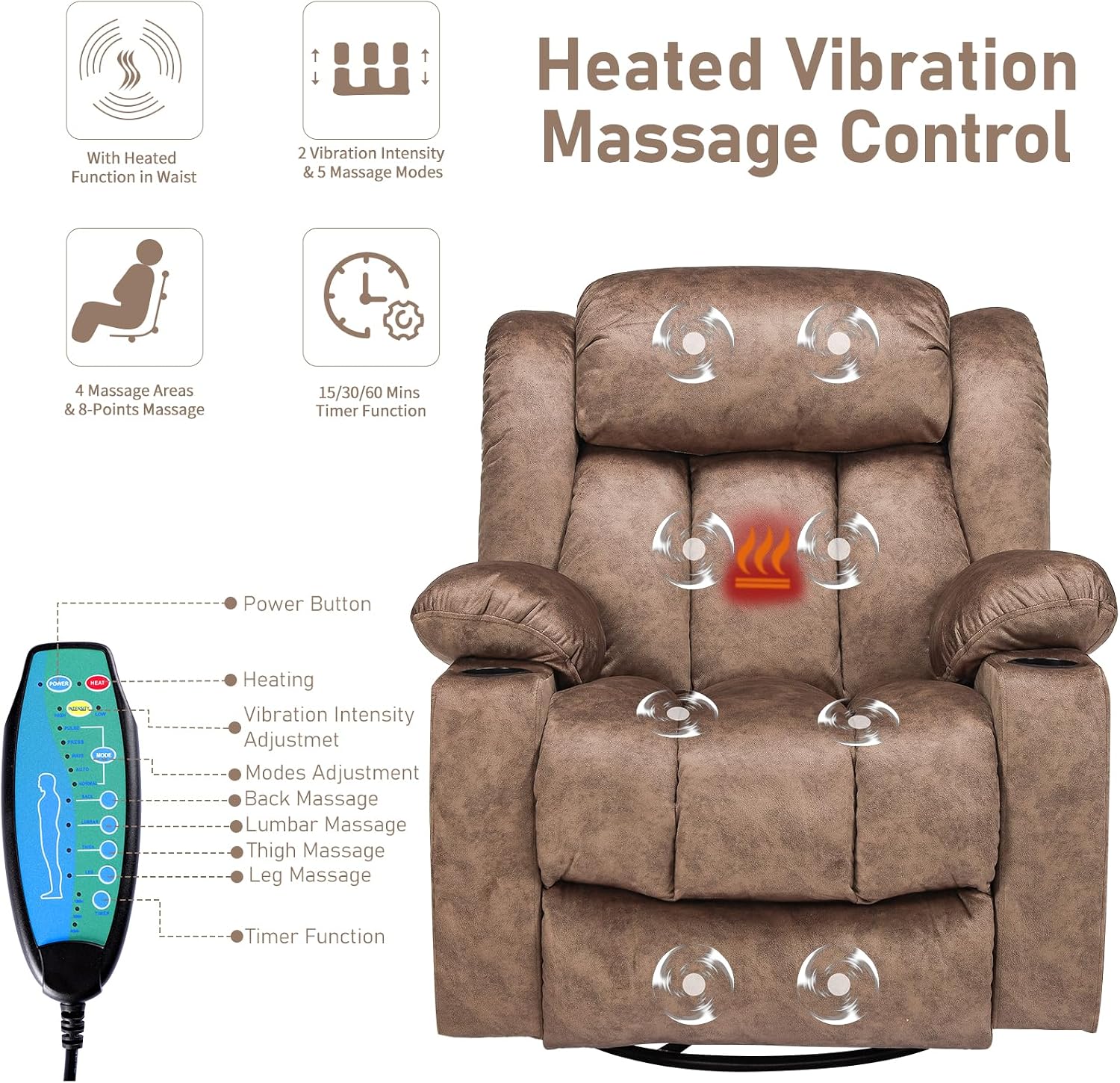 Swivel Rocker Recliner Chair with Heat and Massage, Manual Glider Rocking Reclining Chair, 360° Swivel Overstuffed Lounge Chair with 2 Cup Holders, Side Pockets & USB Ports, Fabric Brown