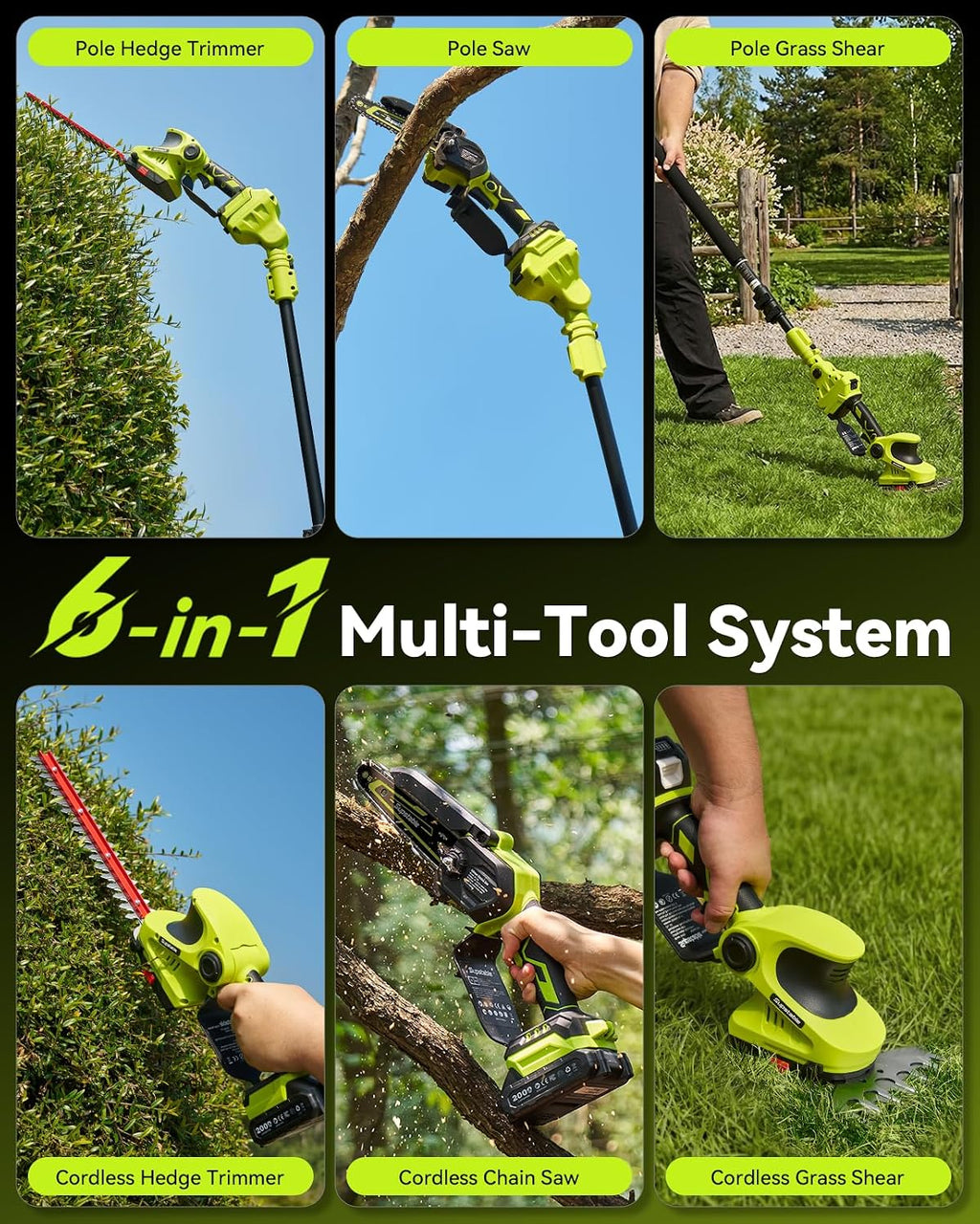 Supstable Cordless Pole Saw & Hedge Trimmer 6-in-1, Mini Chainsaw Cordless/Electric Hedge Trimmer with Extension Pole, 15Ft Reach, Extendable Tree Pruner, Bush Trimmer Limb Branch Cutter, Grass Shears