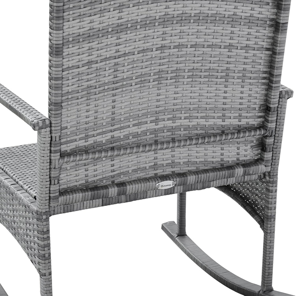 Outsunny 3 Piece Patio Rocking Chair Set, 2 PE Wicker Rocking Chairs, Cushioned, 1 Two-Tier Wood Slat Coffee Table, Rattan Front Porch Furniture, Gray
