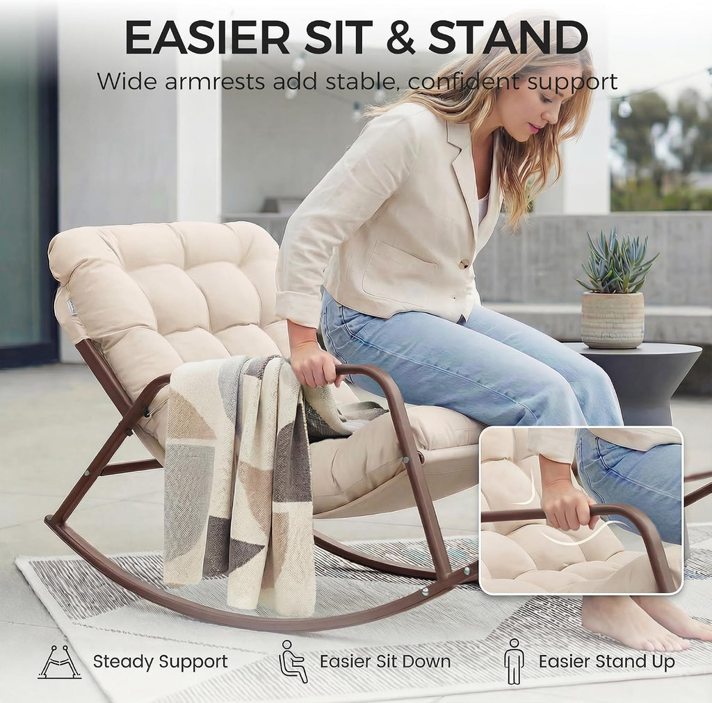 NICESOUL Papasan Rocking Chair Set of 2 with Footrest, Outdoor Rocking Chair with Cushion, Oversized Patio Rocker, Modern Lounge Comfort, Heavy Duty Steel Frame, Indoor Porch, Beige