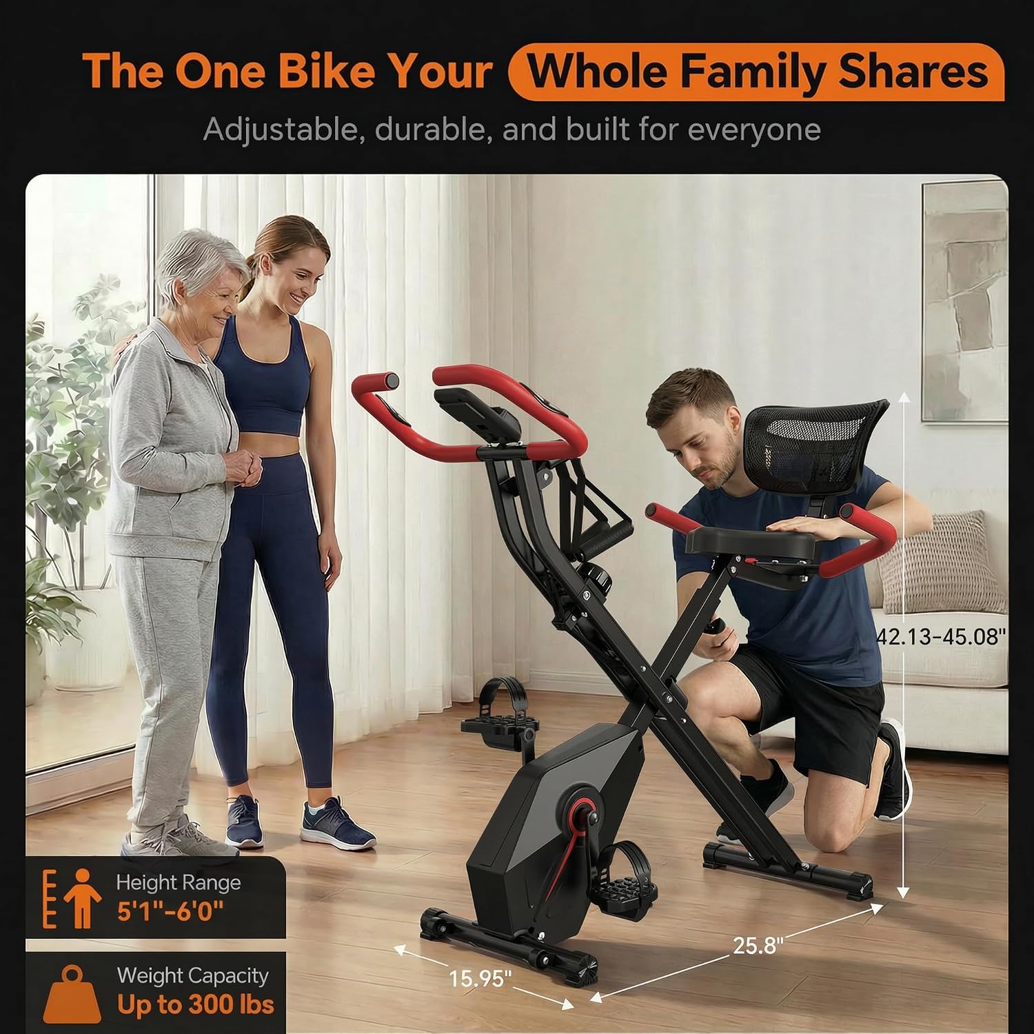 USLIM Foldable Exercise Bike Stationary Bikes for Home, 5 IN 1 Indoor Workout Bike, Cycling Bike with 16-Level Quiet Magnetic Resistance, 6.6 LBS Flywheel and 300LBS Capacity for Senior and Home Workout