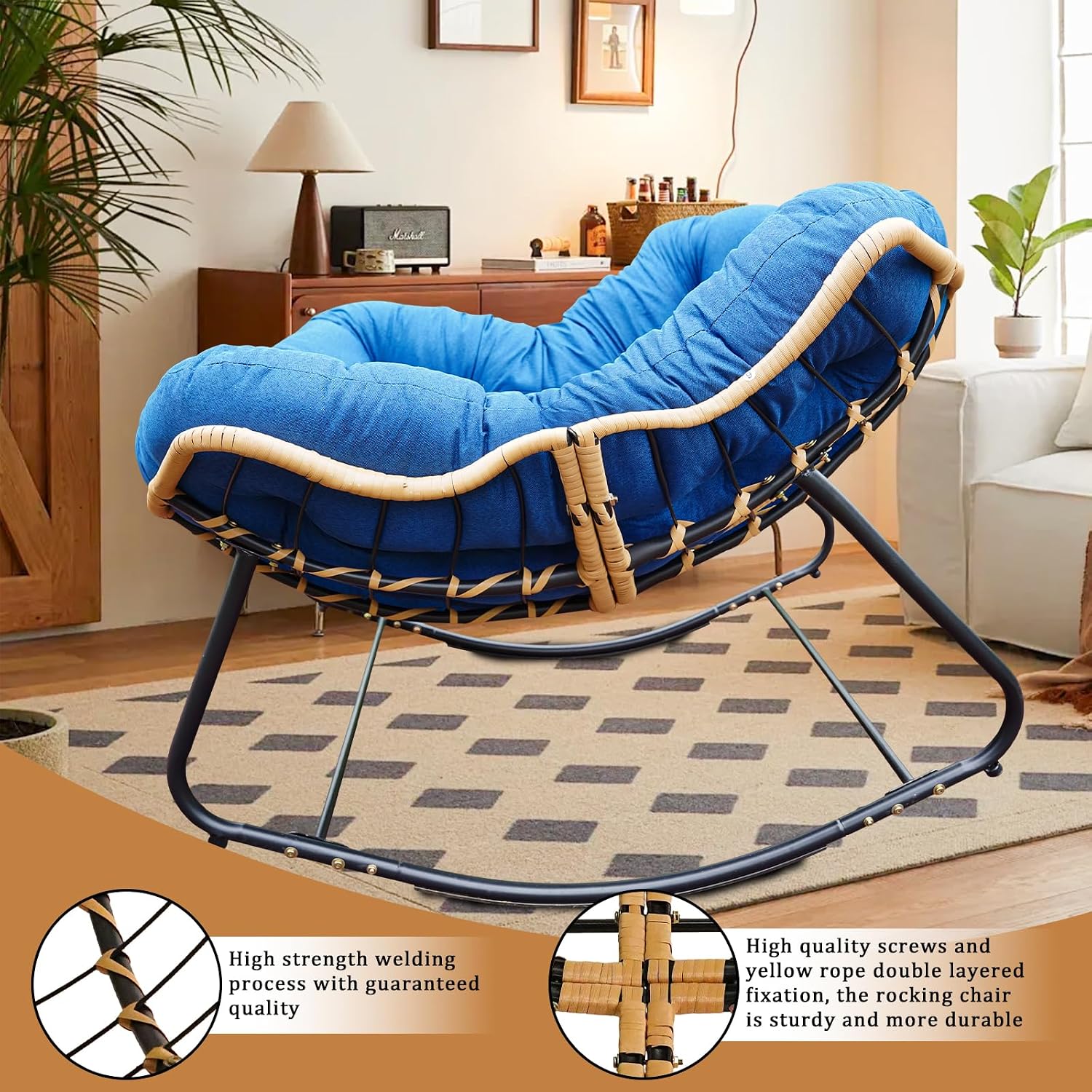 Rocking Papasan Chair Outdoor/Indoor, Rattan Wicker Lounge Rocker Egg Chair with Thick Cushion, Alloy Frame & Anti-Tip Wide Base for Patio, Living Room, Bedroom, Royal Blue