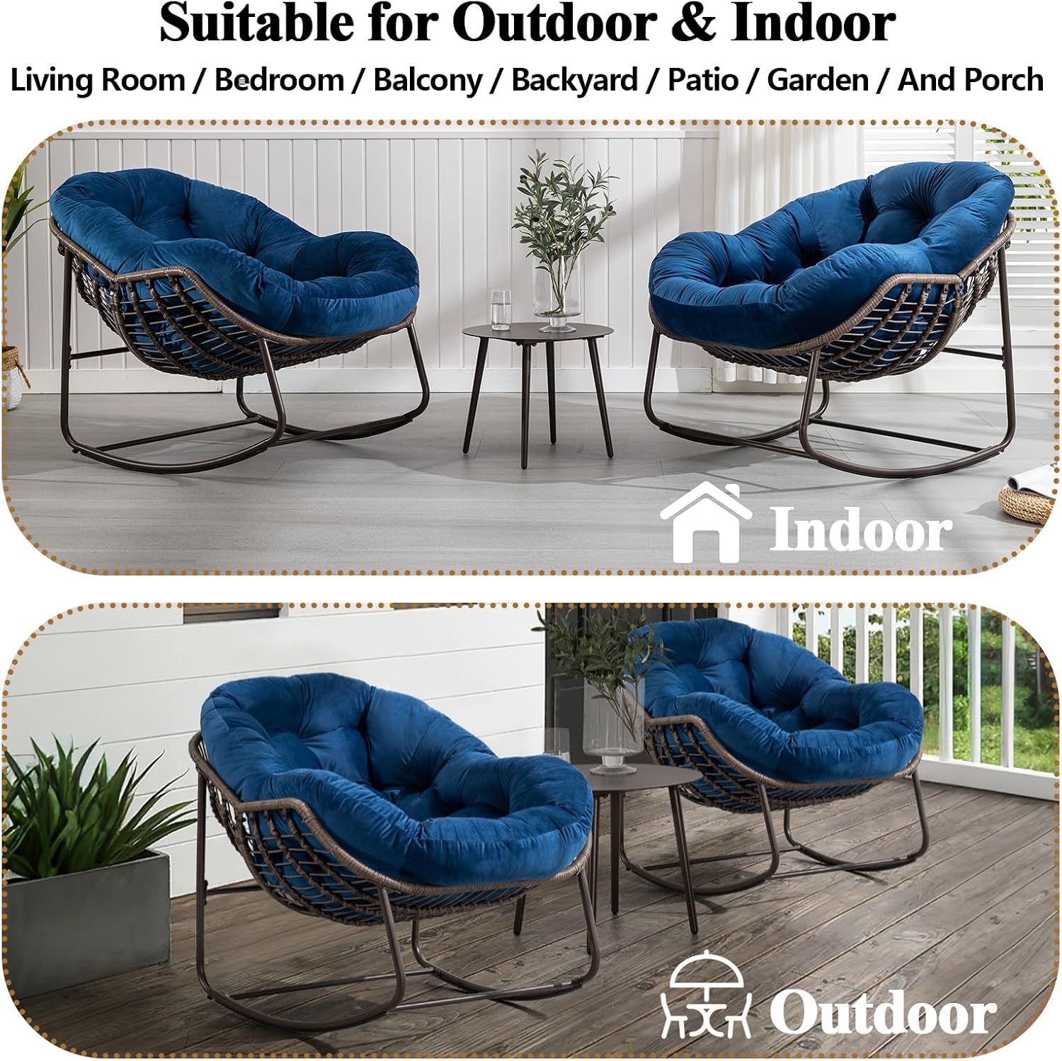 37' Papasan Rocking Chair with Cushion and Steel Frame, Oversized Outdoor Egg Rocking Chair, Rattan Circle Chairs for Grand Patio and Garden (Navy Blue)