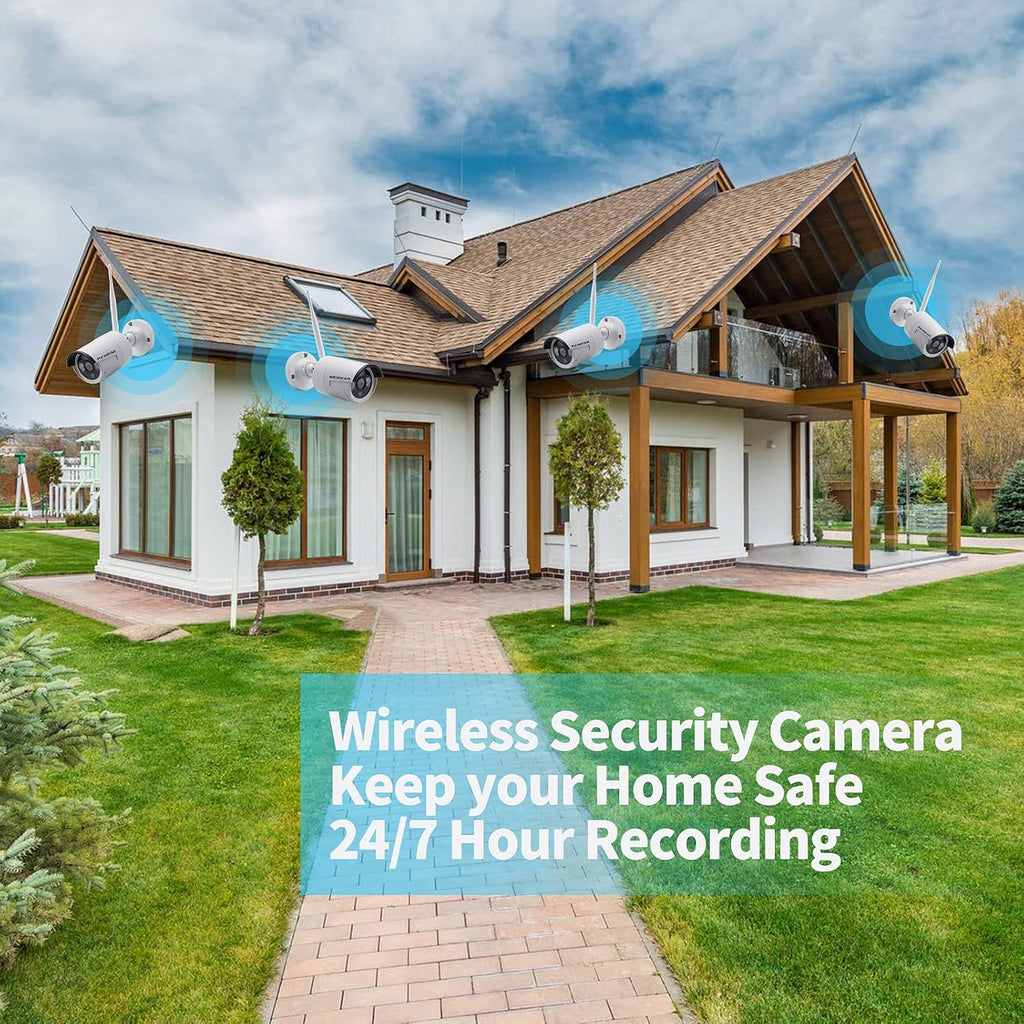 Wireless Security Camera System with 10.1' Monitor, 4PCS 3MP/2K HD Cameras | 2-Way Audio | Local & Remote View | Night Vision Motion Detection | IP66 Home Business Surveillance Kit (NO HDD)