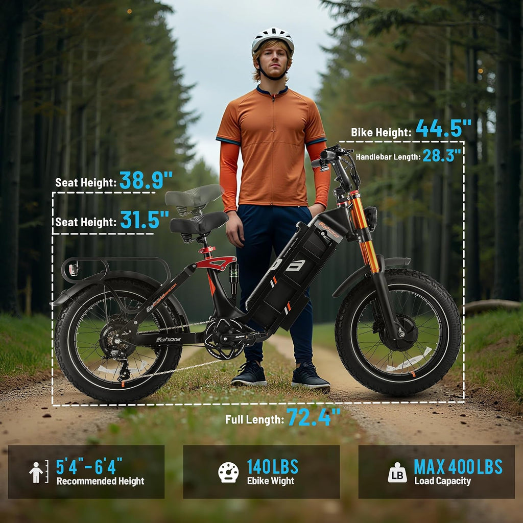 eAhora Juliet Pro 2 EBike - Dual Motor 5400W/1200W 30-43MPH 60V 70Ah 200Mile Long Range Electric Bike for Adults, 20'' Fat Tire Fast Electric Mountain Bike Full Suspension Electric Bicycle