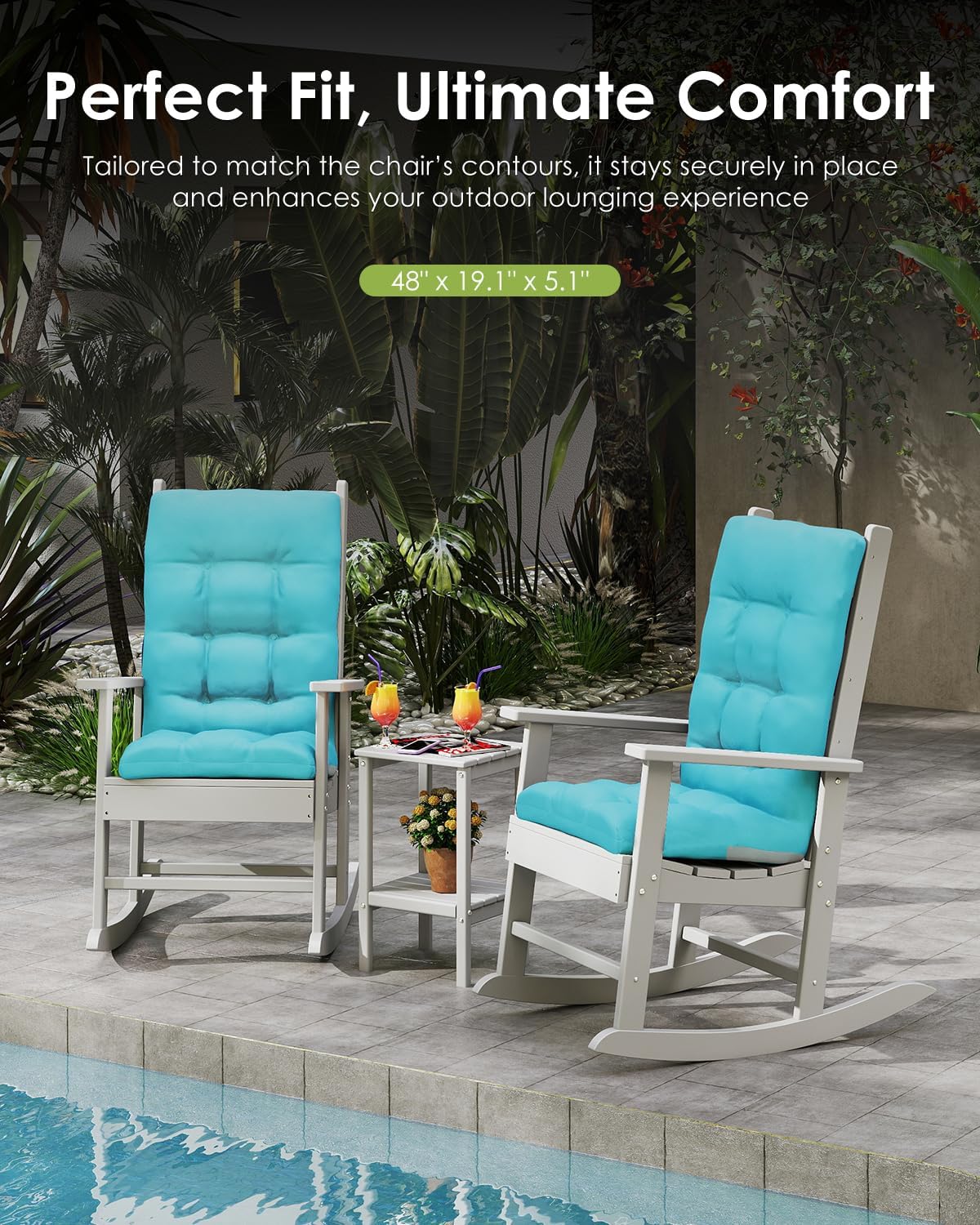 GREENVINES Rocking Chair Cushions Set of 4 | Polyester | Waterproof | Outdoor High Back Rocker Chairs Cushion | Seat with Ties | Non-Slip | Thickened Pad for Patio | 46.5' x 18.5' x 4.3' | Arctic