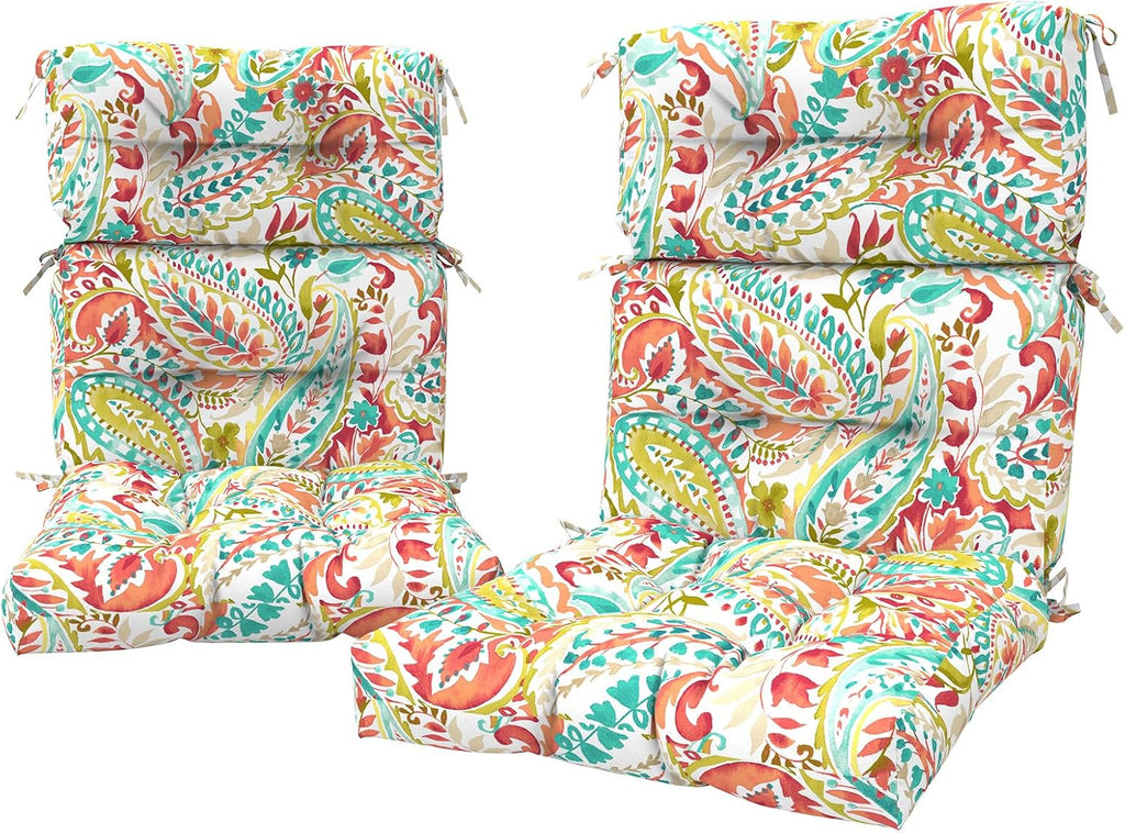 LVTXIII 2 Pack Outdoor High Back Cushions, 22' W x 20' D Tufted Seat and Back Chair Cushion with Ties, Fluffy Patio Replacement Rocking Chair Cushion for Outdoor Furniture Use, Pretty Paisley